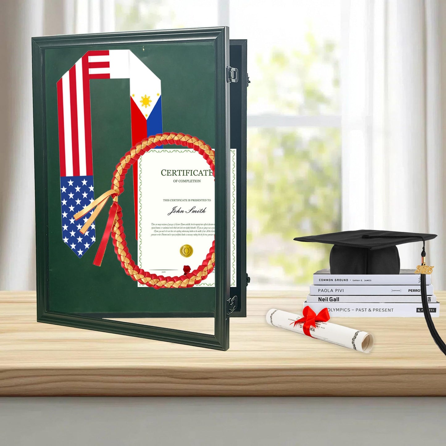 Graduation Shadow Box Frame 17"x23" Graduation Gown Display Wood Case with Velvet Back for Cap Gown Diploma Stole Cords Awards Medals Photos Pictures,Black