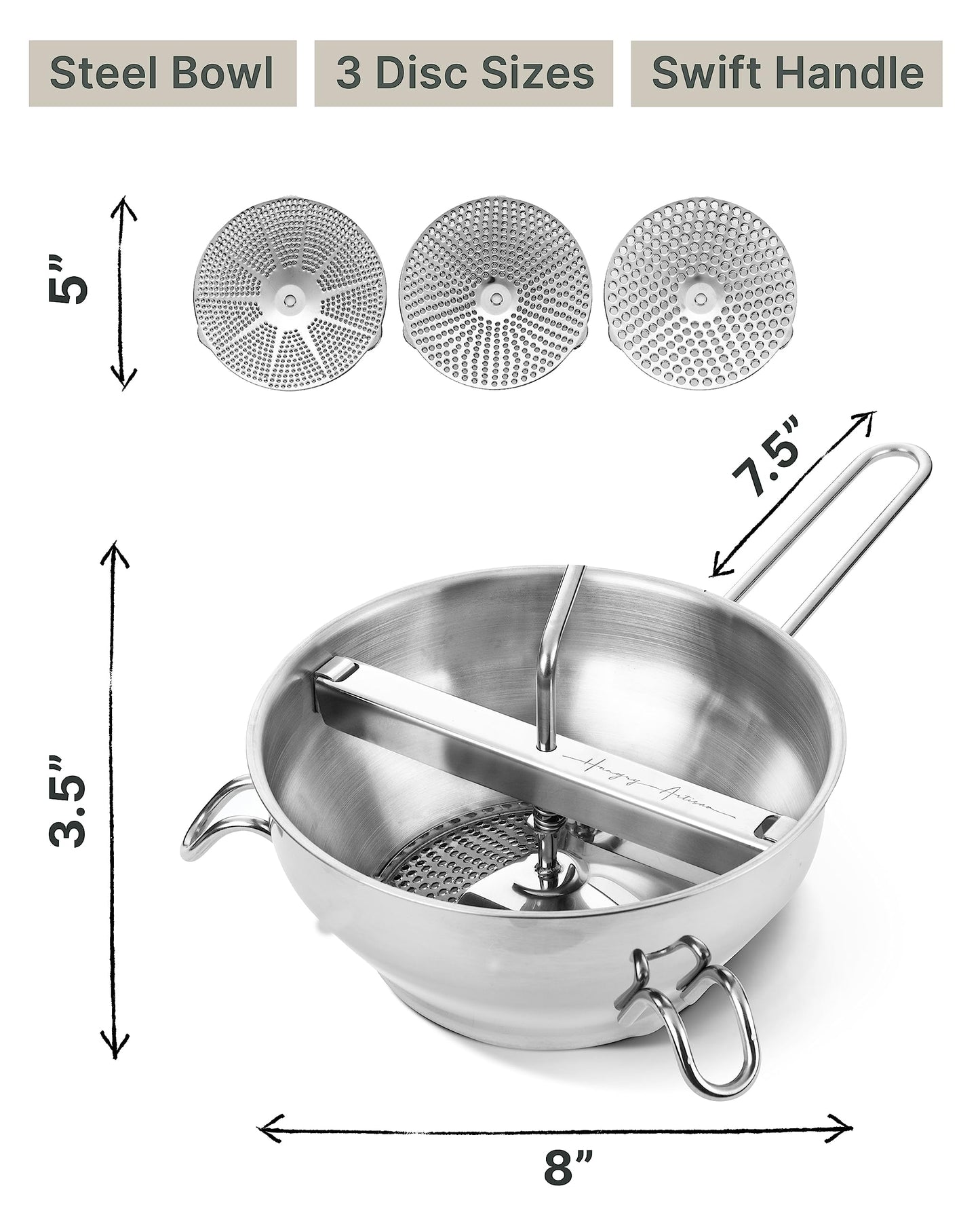 Ergonomic Food Mill Stainless Steel With 3 Grinding Discs - Rotary Food Mill for Tomato Sauce, Applesauce, Puree, Mashed Potatoes, Jams, Baby Food