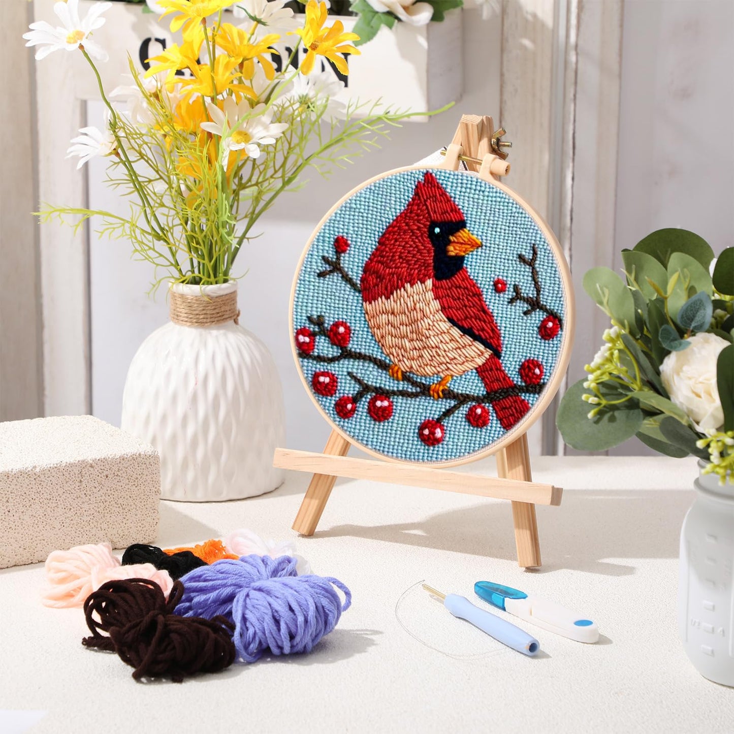SmoothNovelty DIY Punch Needle Kits for Beginners with Hoop Embroidery Fabric Instructions Thread Punch Needle Craft Set Easy for Starter Adults and Children Gift Decoration, 20x20cm-4(Cardinal Bird)