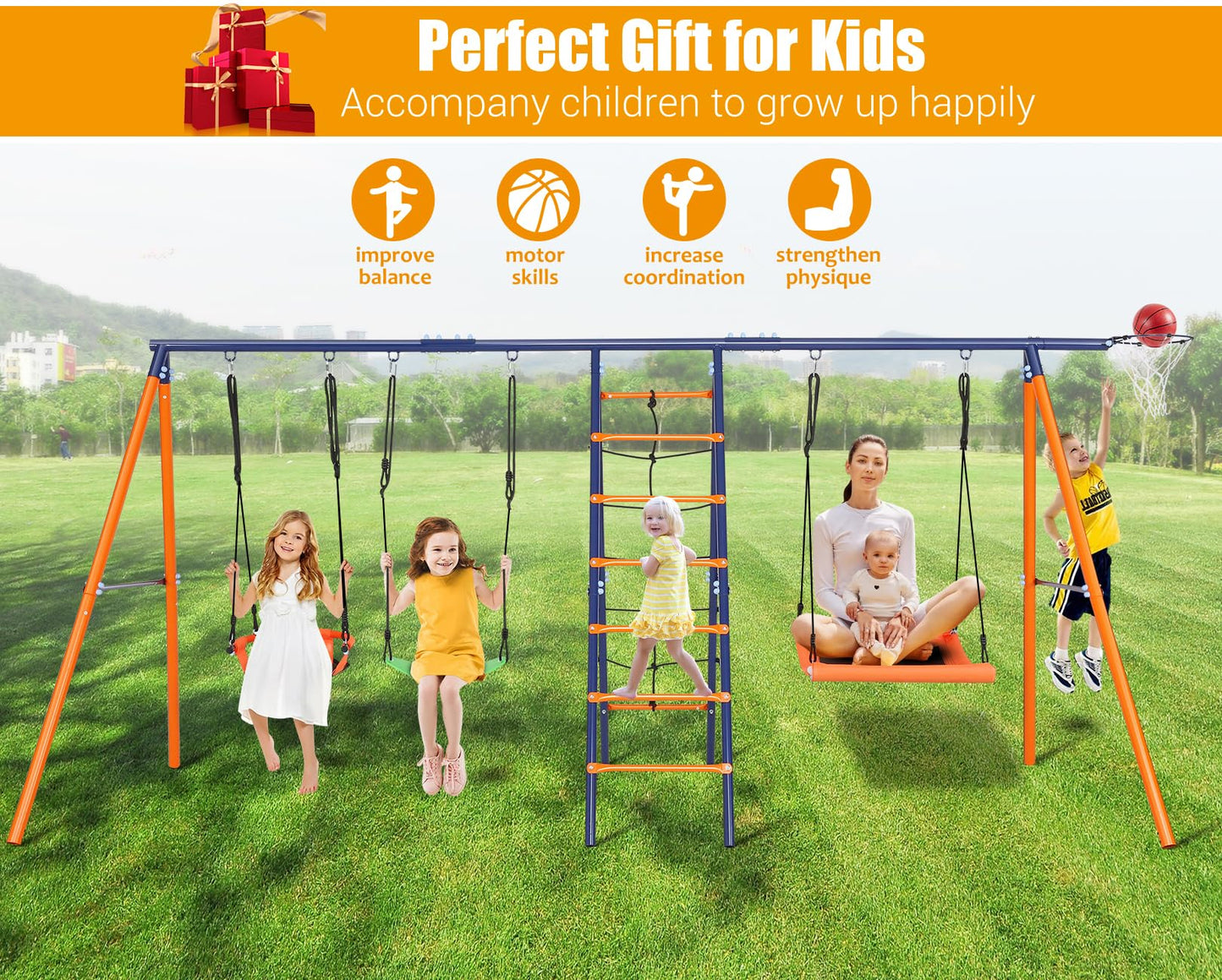 Swing Sets for Backyard 700 lbs - 6 in 1 Multifunction Swing Set Outdoor for Kids Playground, Larger Heavy Duty Metal Swing Stand with 3 Adjustable Swings, Climbing Ladder and Net, Basketball Hoop