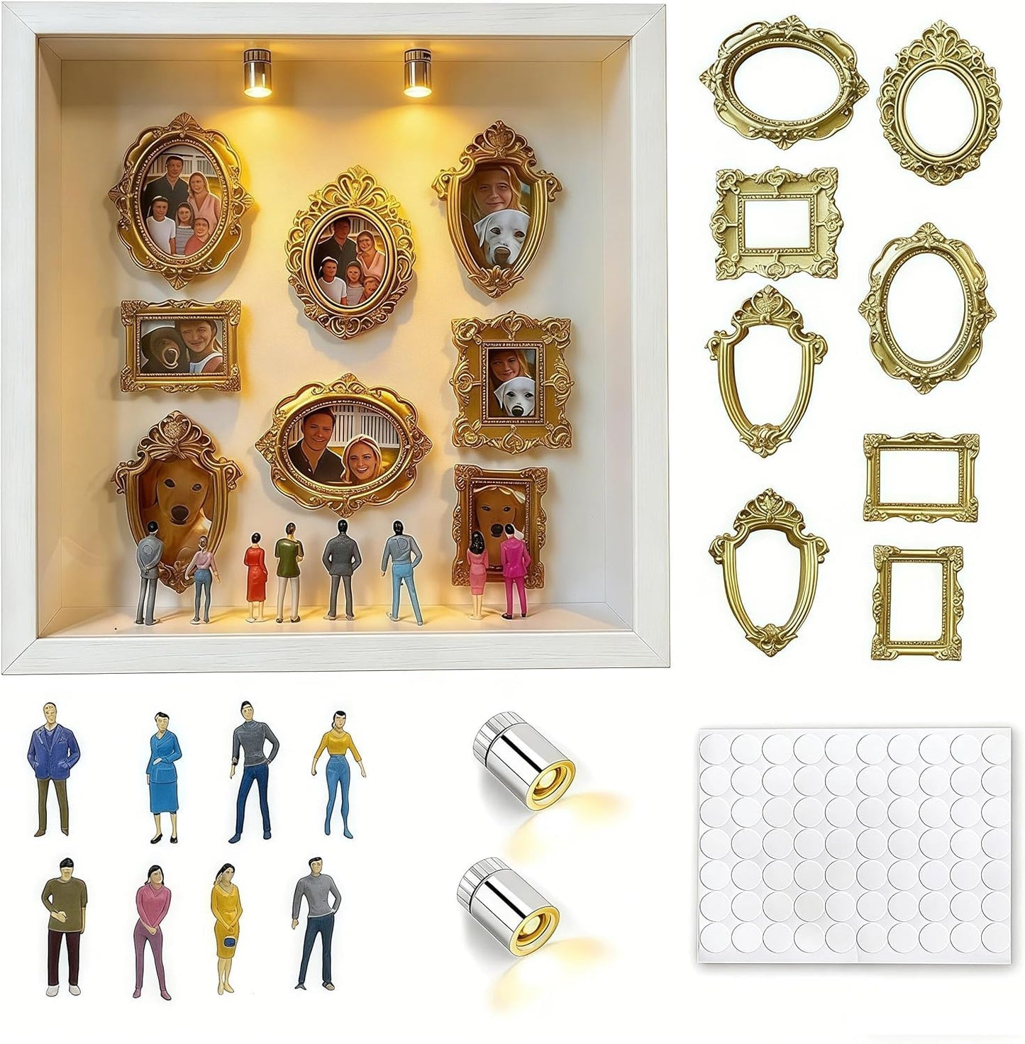 folalife Valentine's Birthday Gift - DIY Mini Museum Shadow Box with 8 Frames, 8 Figurines & 2 LED Lights, Anniversary & Romantic Home Decor, 10x1.9 Inches (White)