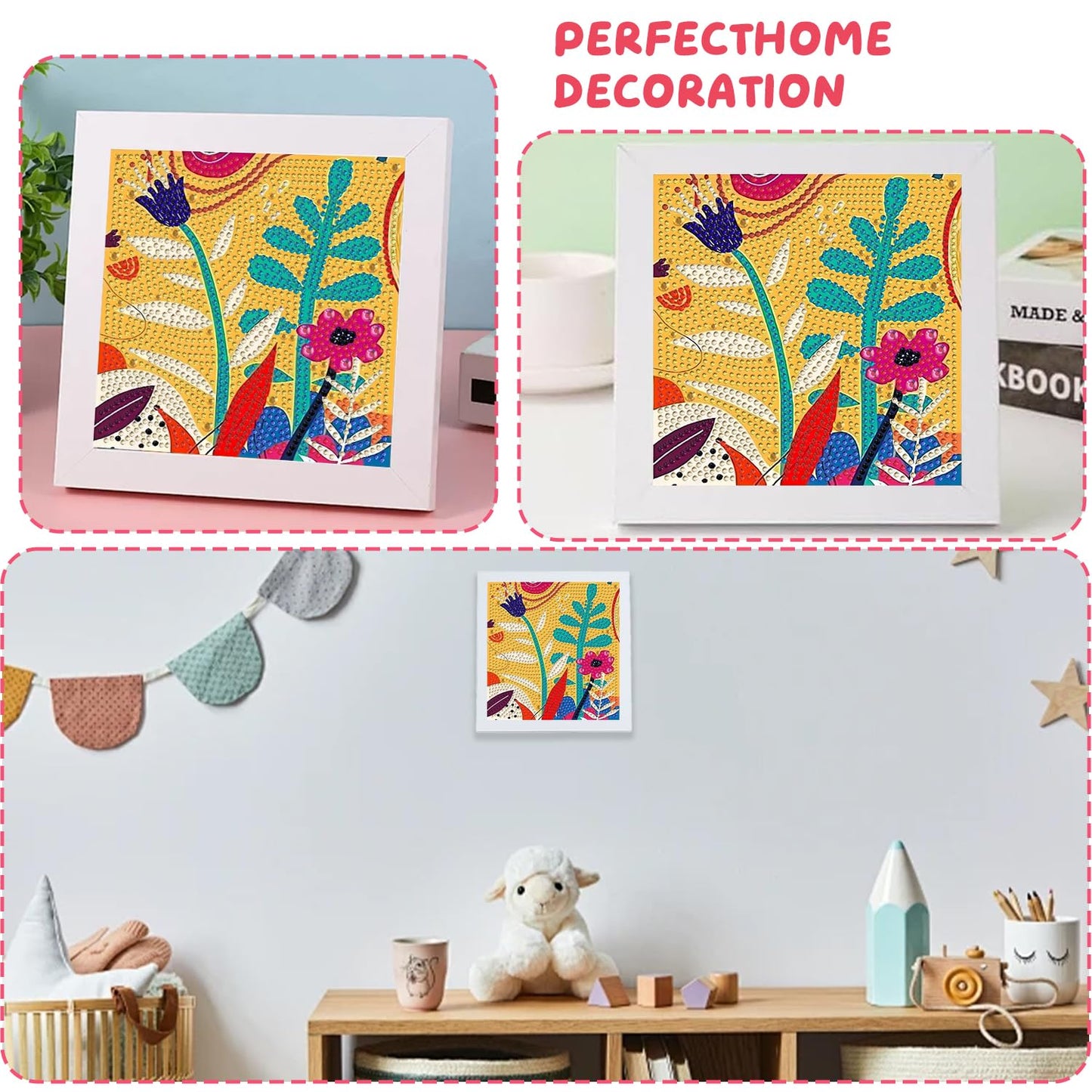Pxzcrypha Diamond Art Kits for Kids with Frame, Flowers Diamond Art Painting for Kids, Flowers Gem Art Kits for Kids 8-12 for Gift Home Wall Decor (7x7inch)