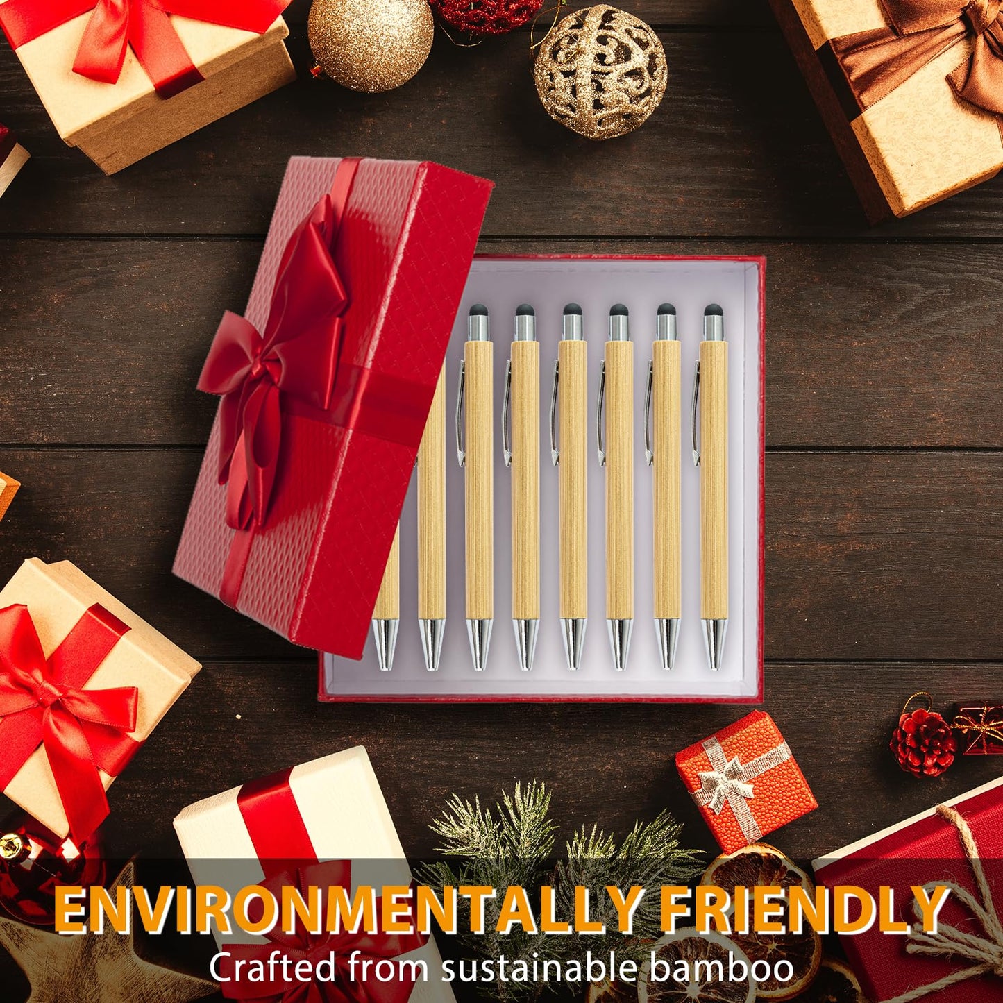 lyforx 250 Pack Bamboo Pens Bulk with Touch Stylus Tip Wooden Bamboo Pens Engraving Wooden Ballpoint Pen Customizable Gift Pen Bulk