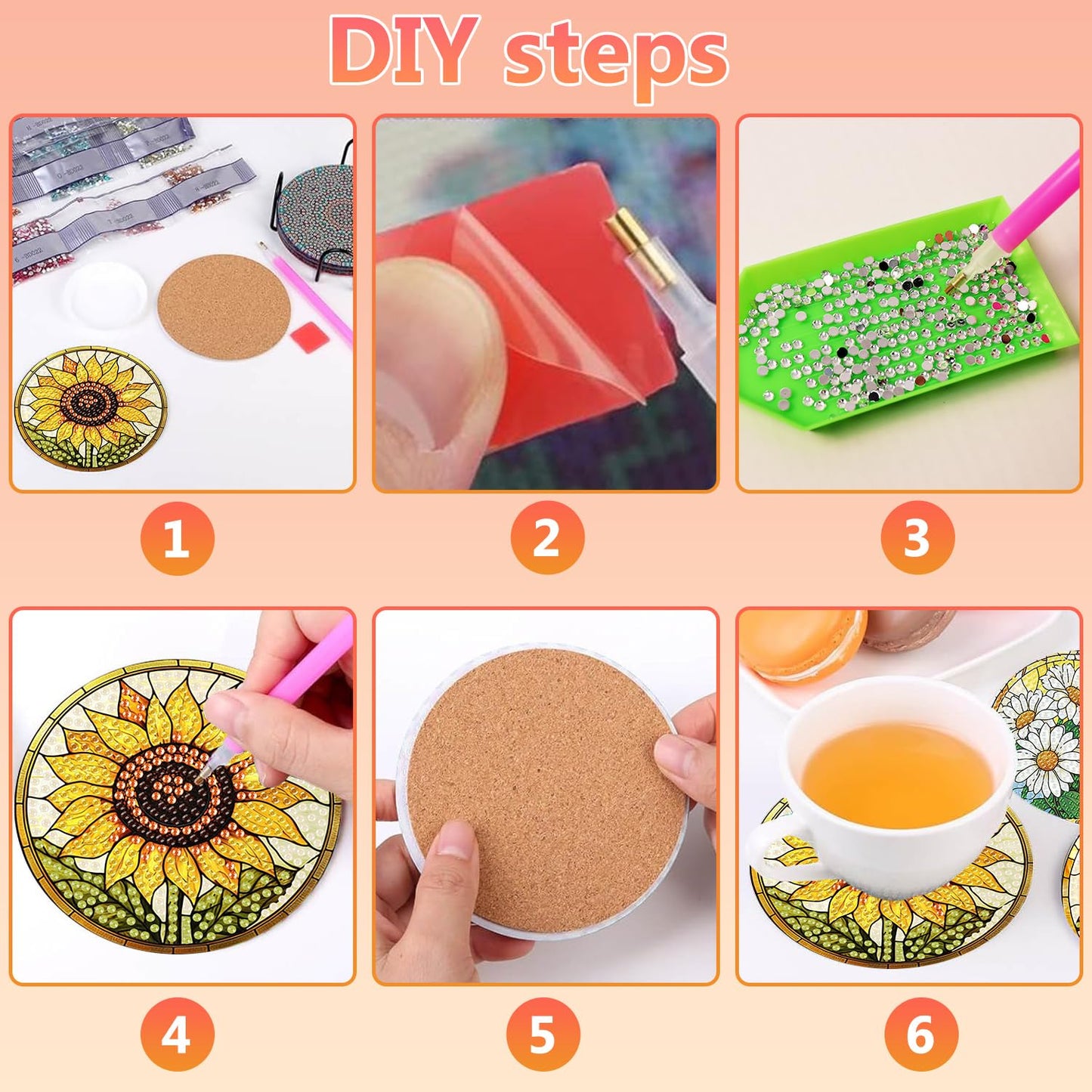 8 Pcs Flower Diamond Art Coasters Kit for Adults, Flowers Diamond Painting Coasters with Holder, 5D Gem Art DIY Crafts Diamond Dots for Gift Life