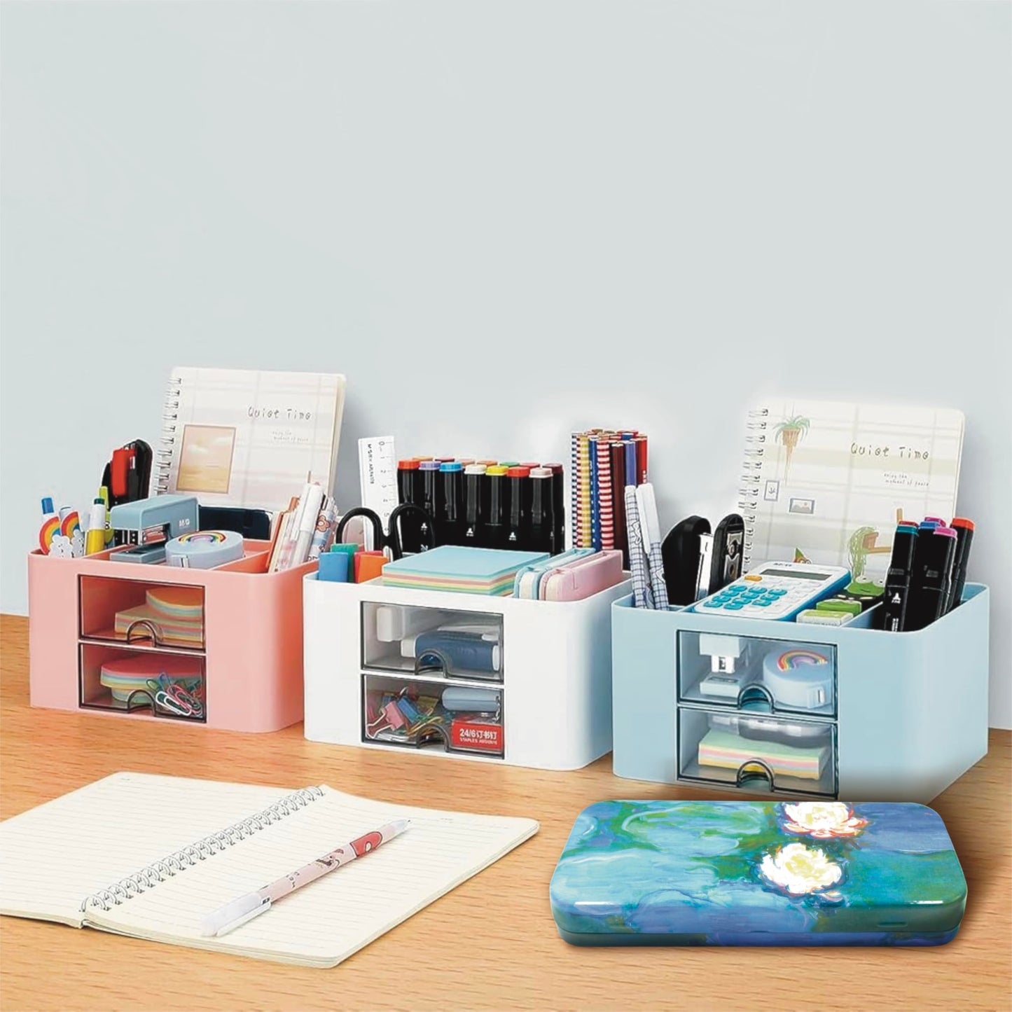 DAHO Mega Tin Pencil/Storage Box with World Famous Arts for Office, Home, Makeup, Accessories Storage (Les Nymphéas)