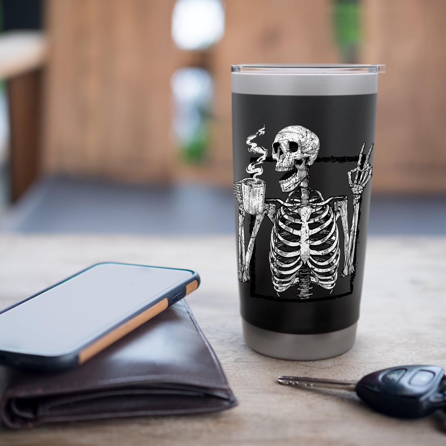 Skeleton Drinking Coffee Gothic Peace Sign Halloween Grunge Stainless Steel Insulated Tumbler