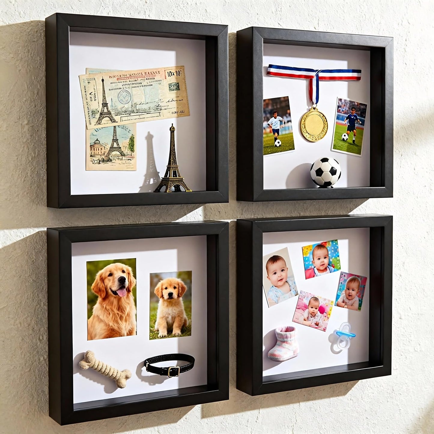 10x10 Shadow Box Frame Black, Deep Display Case for Memorabilia Coins & Photos with Crystal Clear Acrylic Front Wall Mount or Tabletop Includes Hanging Hardware & Double Sided Tape (2 Pack Black)