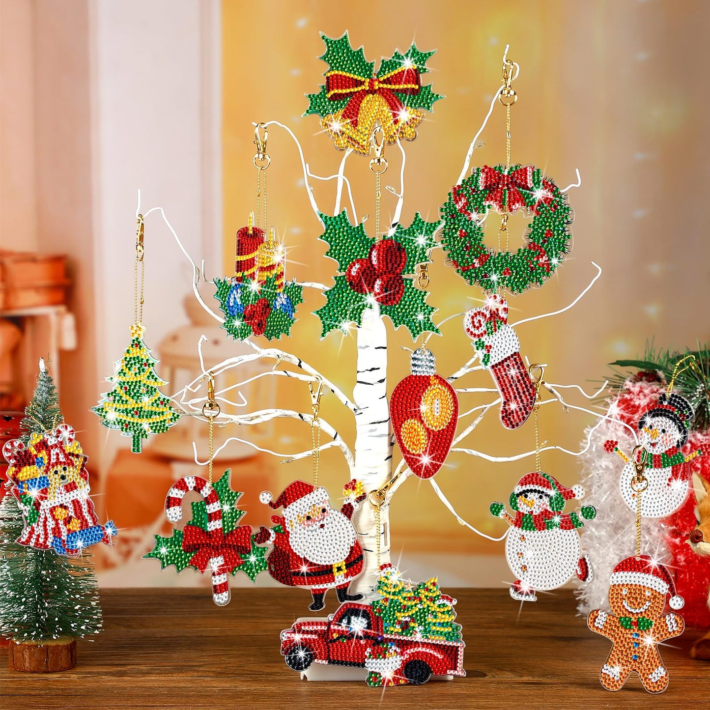 Equsion 14 Pcs Christmas Diamond Art Ornaments Christmas Diamond Painting Keychains Kits Double Sided Hanging Art Key Ring Painting Ornaments 5d DIY Craft Gifts Family Home Decor Rhinestone Pendant