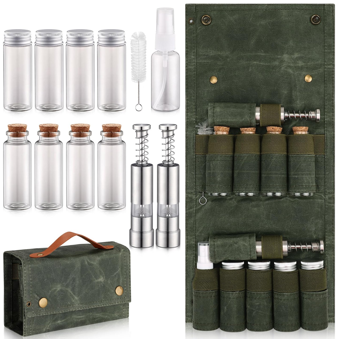 TOBWOLF Portable Spice Bag for Travel, Camping Spice Kit with 8 Jars, 2 Salt/Pepper Grinders, 1 Oil Spray, Foldable Canvas Seasoning Storage Bag, Condiment Container Set for Outdoor Picnic BBQ - Green