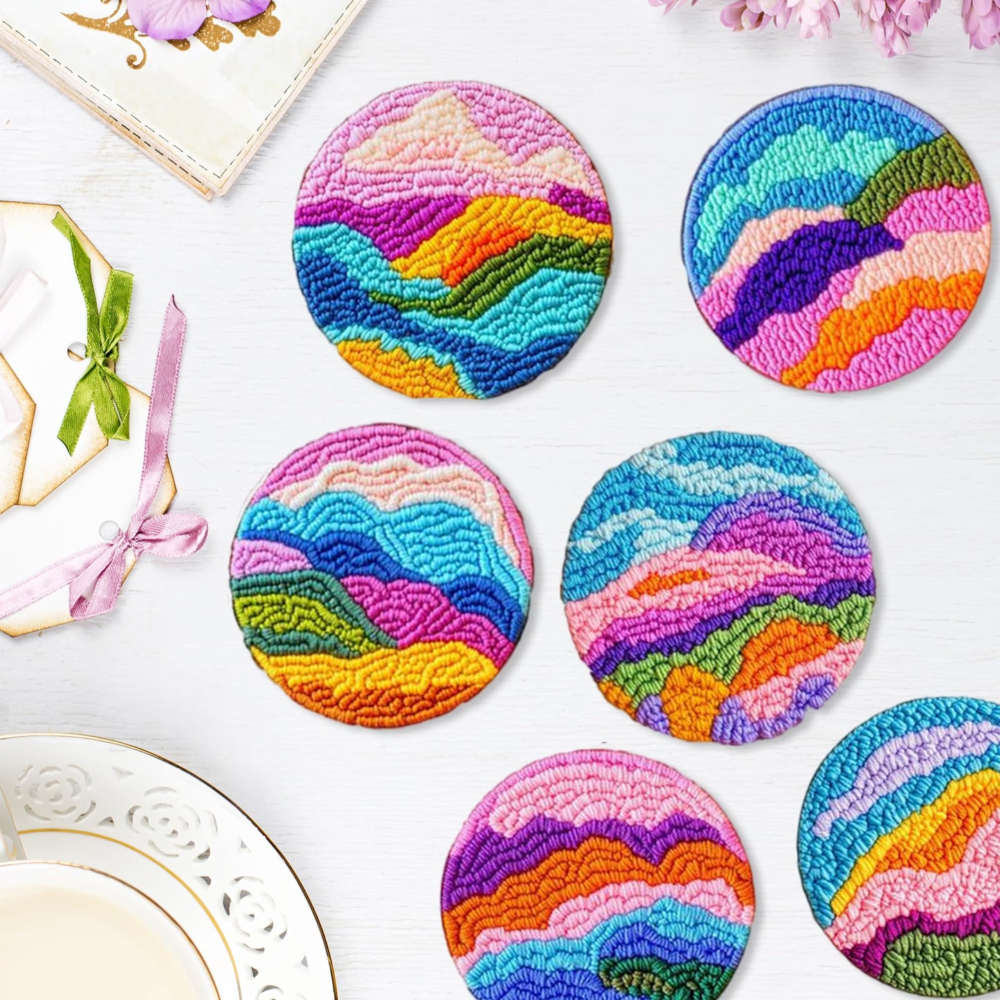 Starter Needle Coasters Kit, Punch Needle Embroidery DIY Set for Beginners Adults, Easy Coasters Kit with Adhesive Felt, Yarns, Embroidery Hoop (Colorful Mountain)