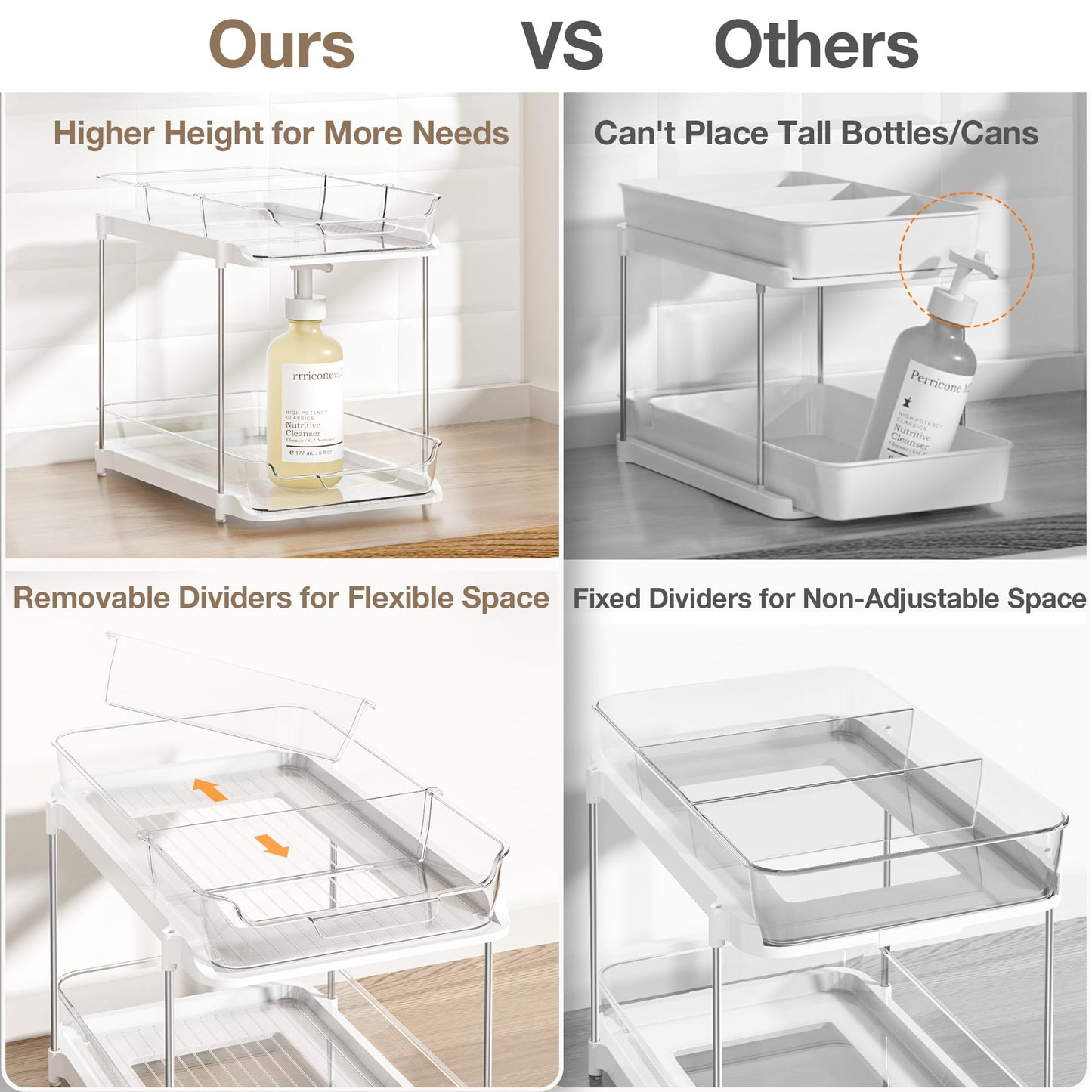 Delamu 2-Tier Multi-Purpose Bathroom Under Sink Organizers and Storage, Stackable Kitchen Pantry Organization, Pull Out Medicine Cabinet Organizer with Movable Dividers, White, 2 Pack