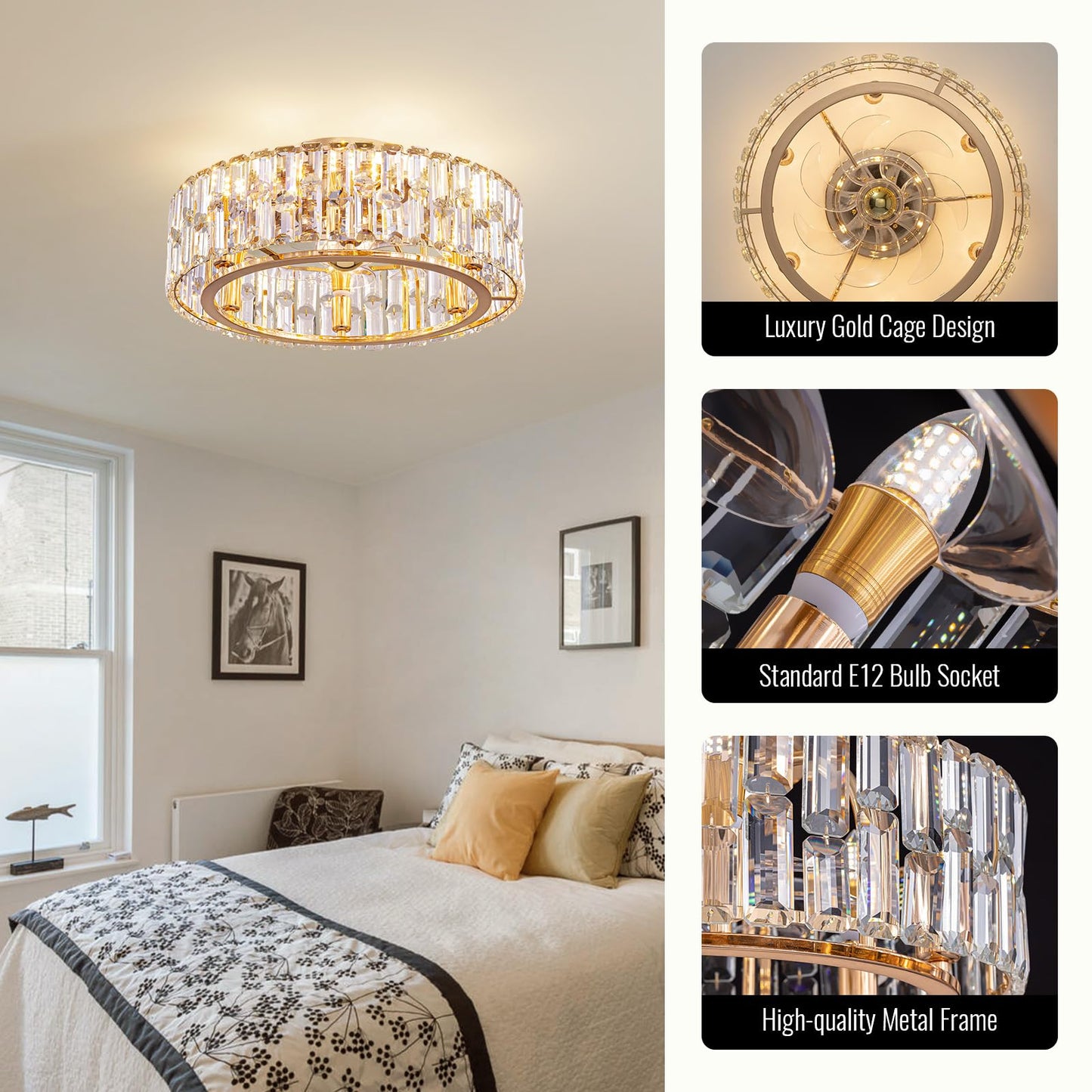 Siljoy 20’’ Gold Crystal Ceiling Fan with Light, Modern Caged Ceiling Fan with Lights and Remote, 6 Speeds Reversible Dimmable Quiet DC Motor Fandelier for Girl’s Bedroom Living Room, 6 x E12