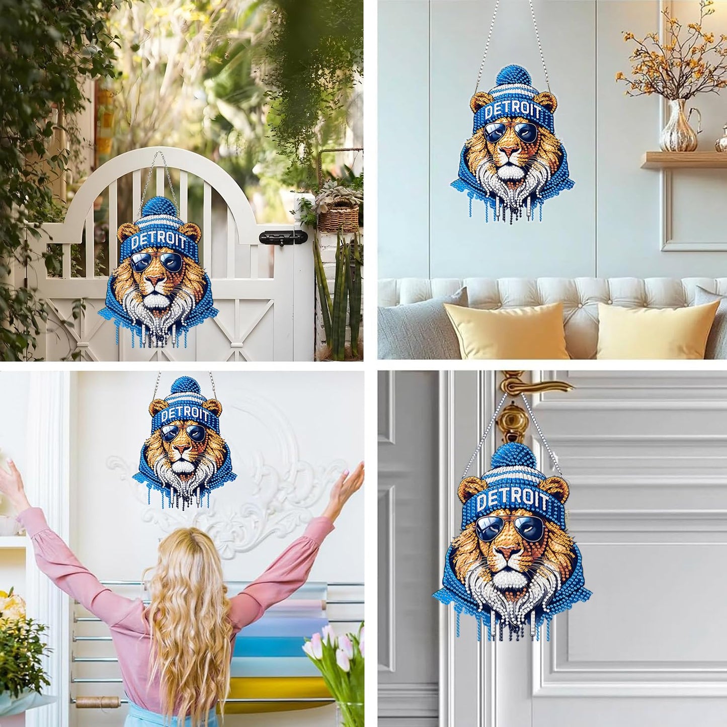 DIY Diamond Art Hanging Kit for Adult,Acrylic Diamond Art Painting Window Pendants Home Garden Wall Hanging Kits Hanging Ornament,Football Style (Detroit Blue)