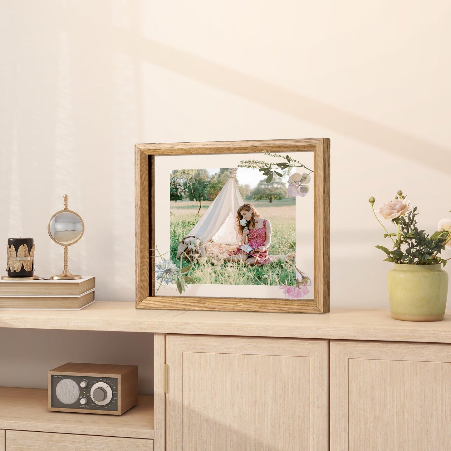 Axeman 8x10 Floating Picture Frame - Solid Oak Wood Picture Frame, Double Tempered Glass Photo Frame 2x3 4x6 5x7 6x8 8''x10'' Wood Frame, Wall Mount Or Tabletop Standing, Natural