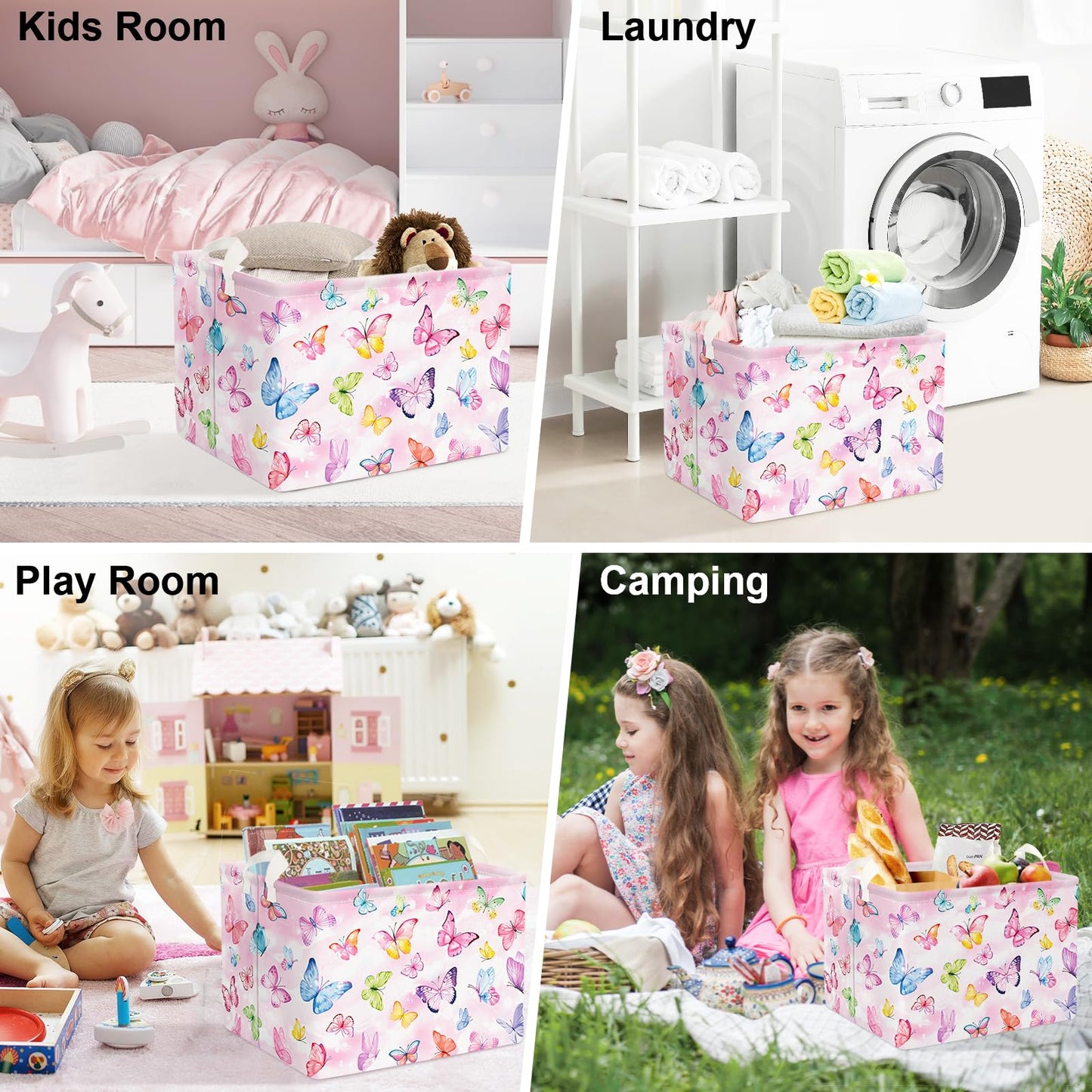Clastyle 36L Pink Dreamy Butterfly Kid Storage Basket Collapsible Rectangle Clothes Toy Nursery Bin Book Shelf Basket
