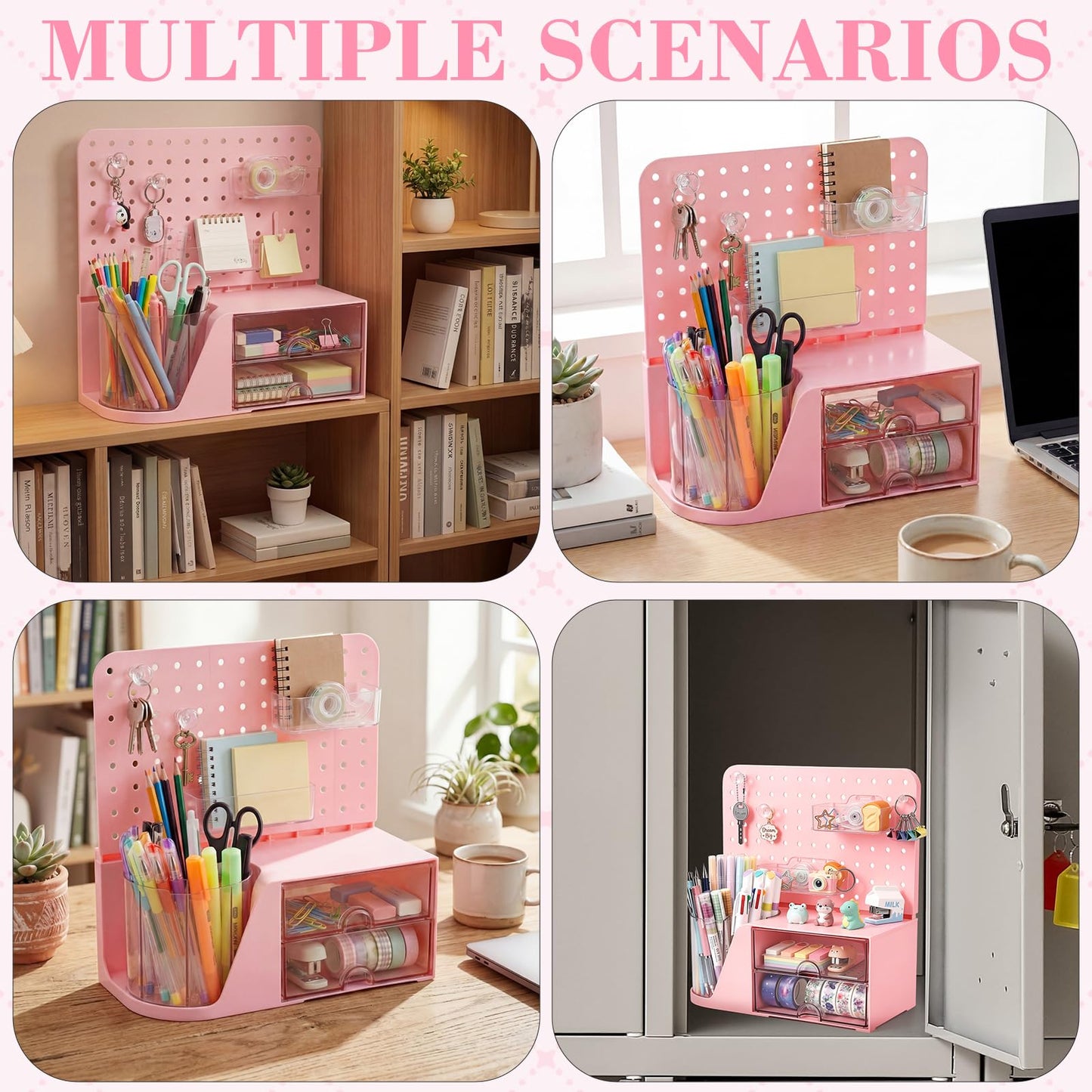 Novabright Desk Organizer with 2 Drawers, Rotating Pen Holder with 5 Slots & Pegboard, Back to School & End of School Year Gifts, Multifunctional Desktop Storage for Desk Home Office Supplies(Pink)