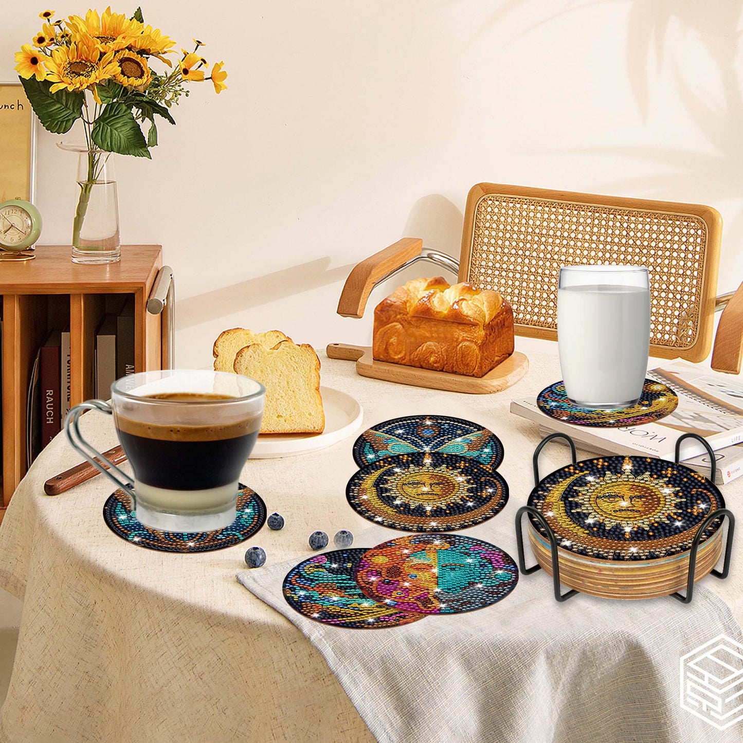 Mystical Moon Diamond Art Coasters: 8 Pcs Witchy Diamond Painting Coaster with Holder and Cork Pads, Celestial Diamond Art Coasters for Adults Beginners DIY Crafts Home Decor Gifts