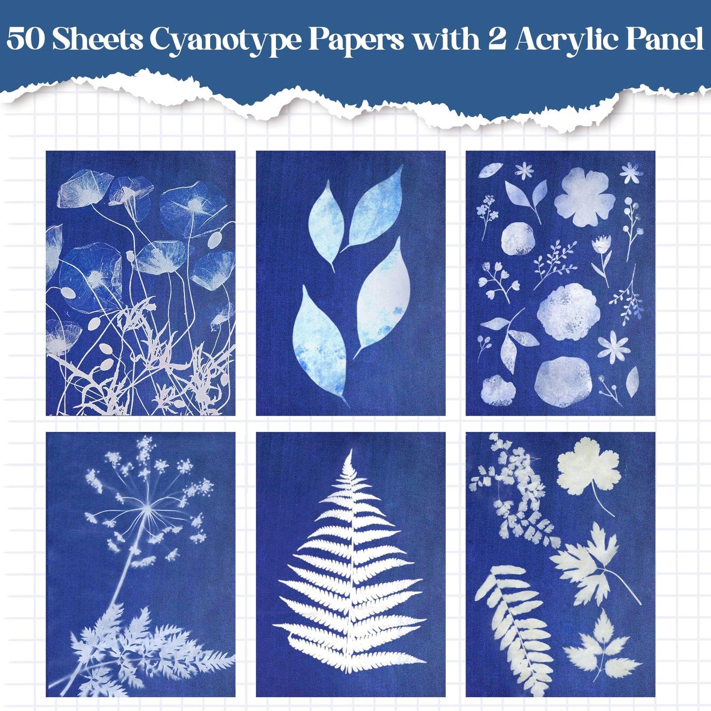 50 Pcs Sun Printing Kit Cyanotype Paper, A5 Sun Print Paper with 2 Plastic Tools for Sunprint, Light Sensitive Solar Photography Kit for DIY Crafts Project (5.8x8.3 Inch)