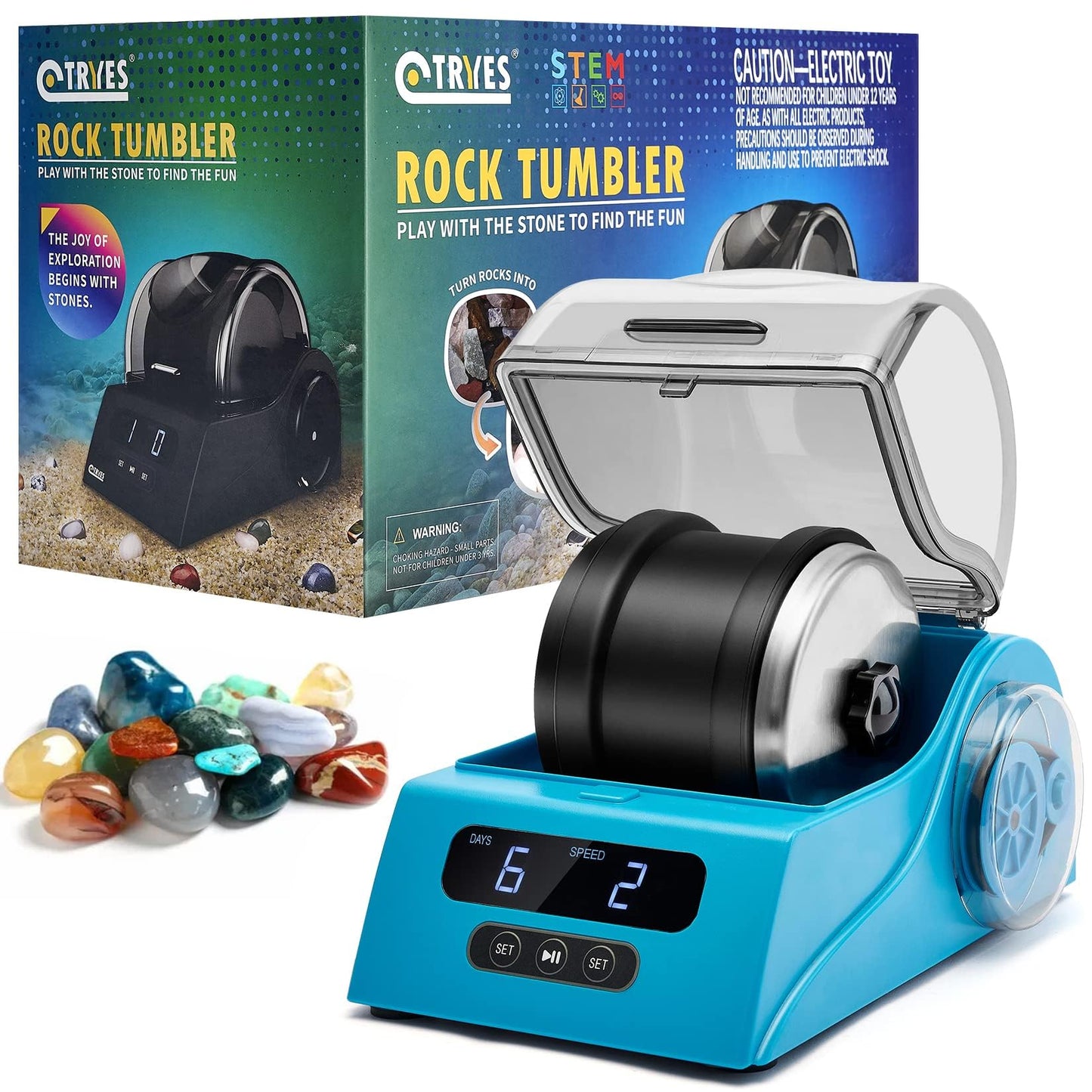 Tryes Rock Tumbler Kit Adults - Rock Polisher Tumbler with Noise Reduction Cover, Speed&Timer Control, Includes 4 Polishing Grits, Rough Gemstones, Learning Guide etc.(Blue)