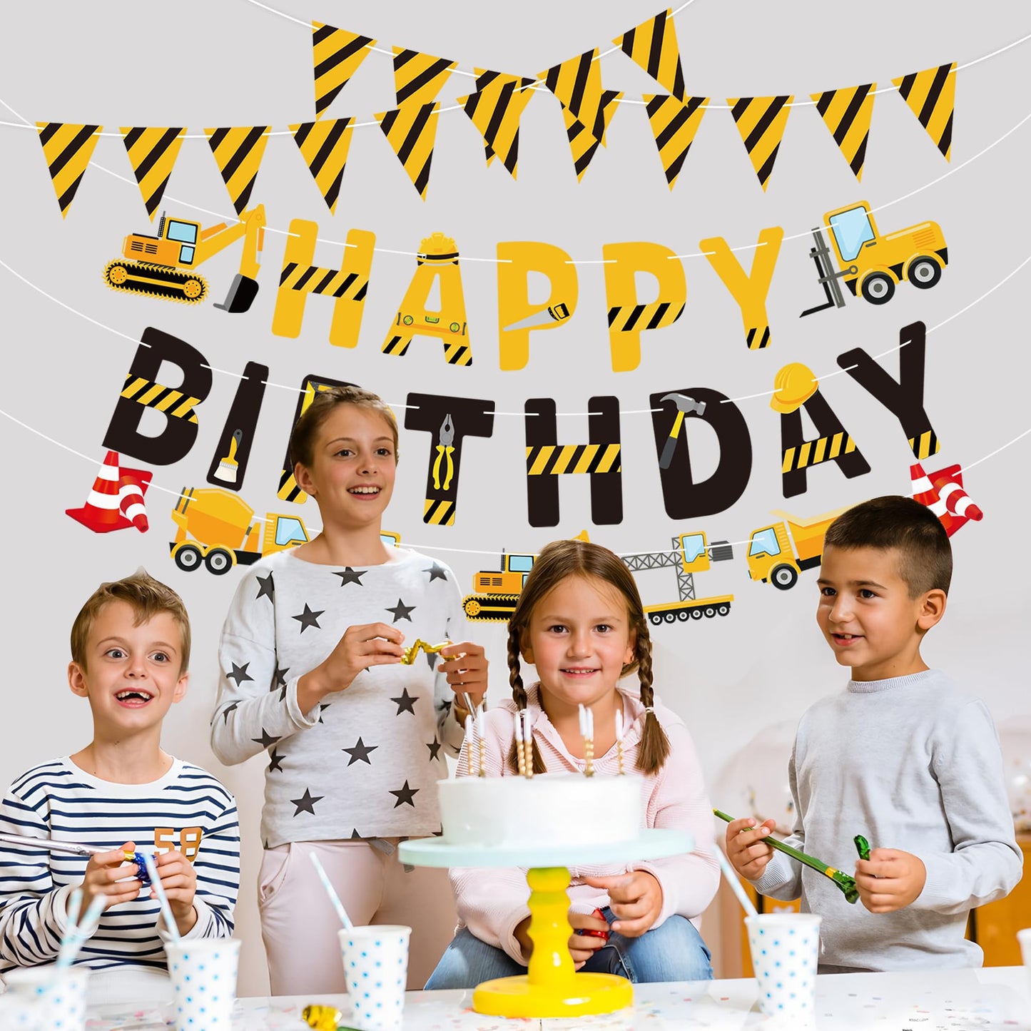 Construction Birthday Banners Vehicle Truck Paper Garlands Construction Pennant Flags Bunting Banners Happy Birthday Party Decor for Boys Construction Theme Birthday Party Decorations, Set of 5