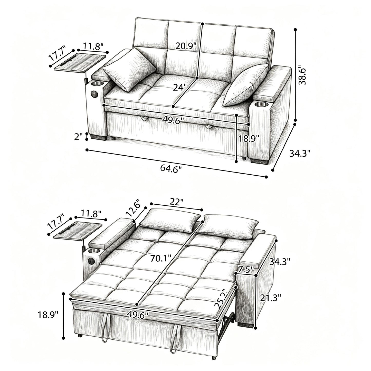 Eafurn Convertible Sleeper Sofa Bed with 360° Swivel Table & USB Ports, Tufted Chenille Loveseat Pull-Out Couch with Storage Armrest & Cup Holders, 6-Level Adjustable Backrest