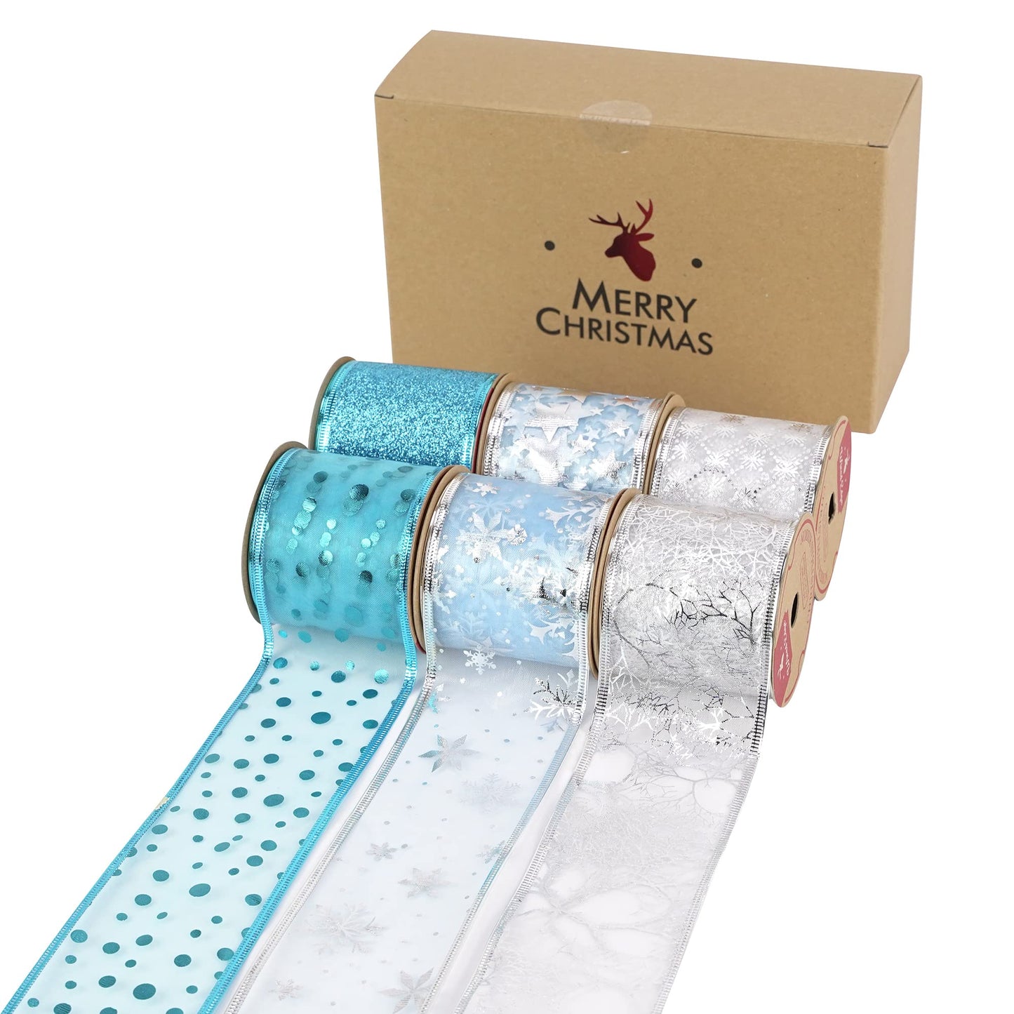 MEEDEE Turquoise Christmas Ribbon - 2.5 Inch, 6 Rolls, 36 Yards - Blue & Silver for Christmas Tree
