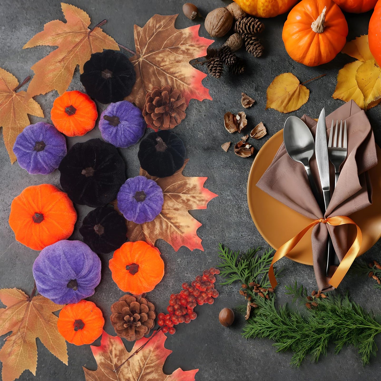 GHGMAO 21 PCS Pumpkins Decor Set, 3 Sizes Fake Velvet Pumpkin, Black Purple Orange Small Foam Pumpkin, Autumn Table Centerpiece for Thanksgiving Farmhouse Fall Harvest Halloween Party Decorations