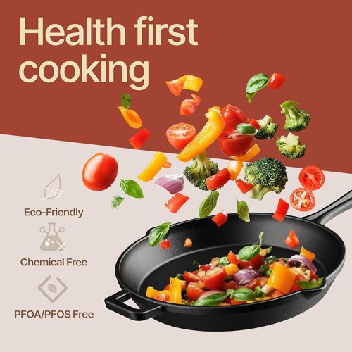 Bakken Pre-Seasoned Cast Iron Skillet - 12" Frying Pan with Glass Lid & Silicone Handle | Versatile Cookware for Even Heat Distribution