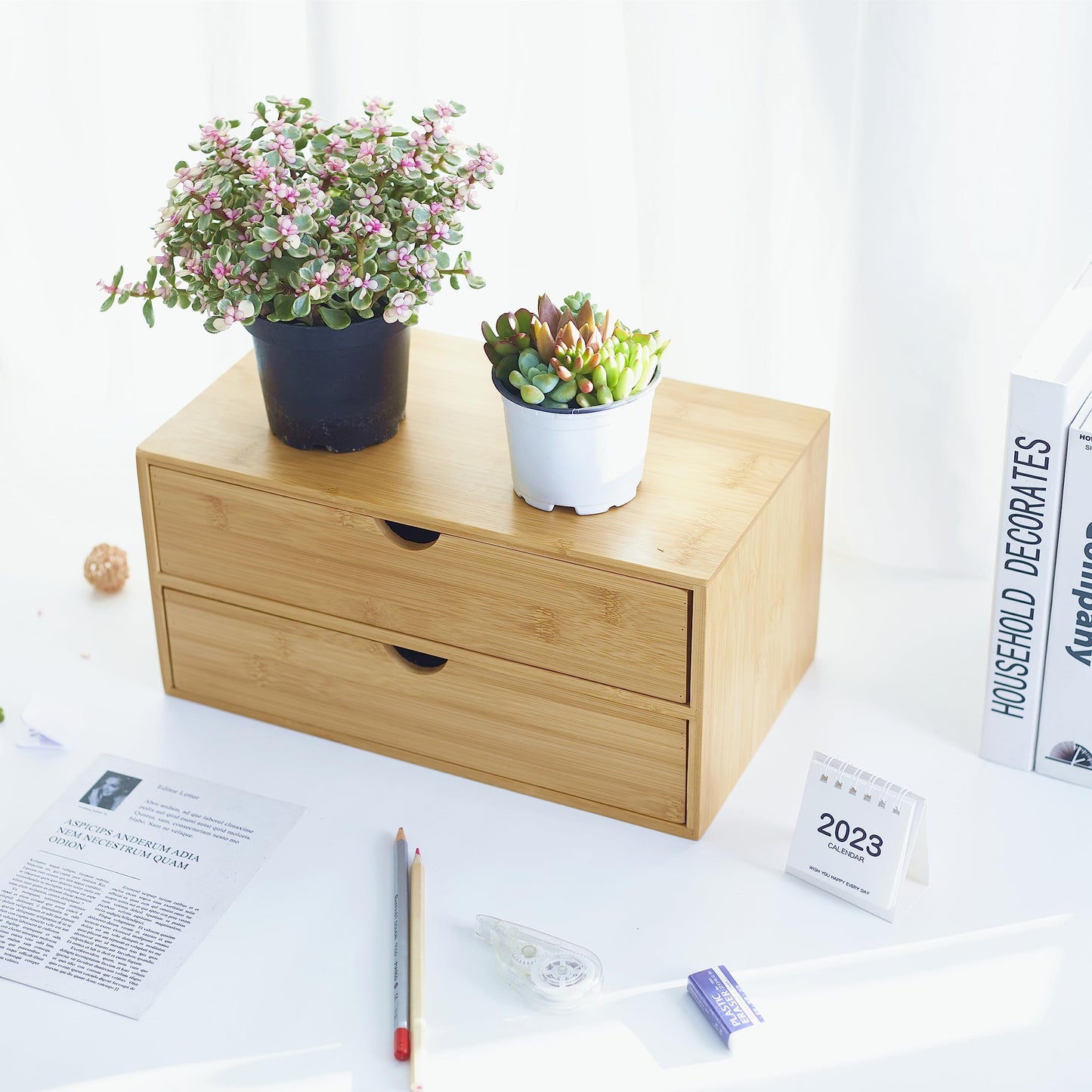 Charmewooden Bamboo Desk Organizer with Drawers, Countertop Organizer with Drawers Makeup Storage Drawer 2 Drawers Tabletop Storage Organization Box Home Office Workspace Bathroom Toiletries Supplies