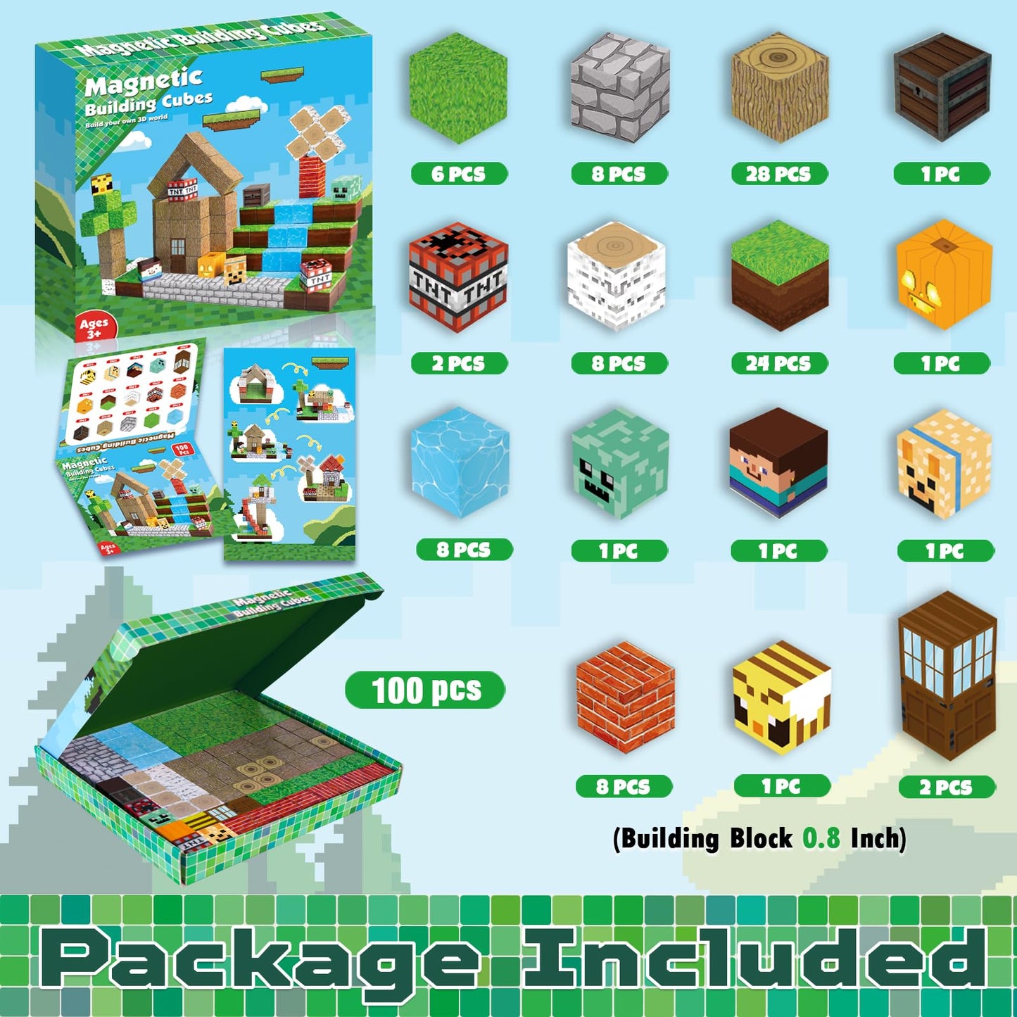 ToyUnited Magnetic Blocks-100PCS Magnetic Building Blocks Magnet Cube Toys Stacking, Build Forest World Set, STEM Montessori Sensory Toys for Kids Boys Girls Age 3 4 5 6 7 8 9 10 Easter Birthday Gifts