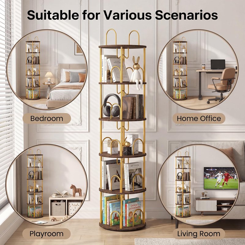 Merkisa 5 Tier Rotating Bookshelf, 360° Spinning Bookshelf Tower, Narrow Corner Book Shelf, Revolving Bookcase Corner Tall Book Shelf for Small Spaces, Bedroom, Living Room, Gold