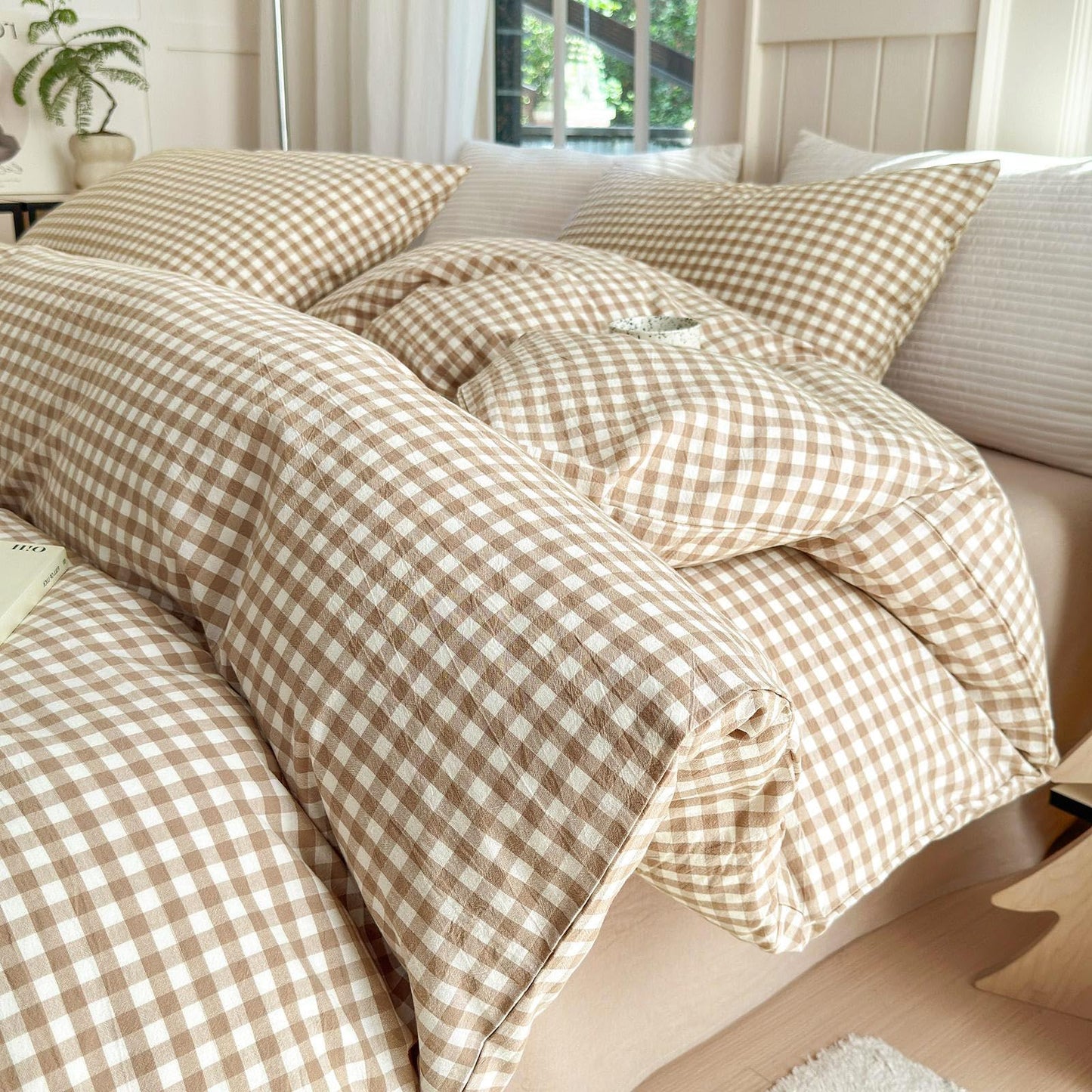 Tan Gingham Pillowcases Set Farmhouse Standard Size Pillow Shams Buffalo Taupe Plaid Pillowcases Set of 2, Grid Checkered Gingham Washed Cotton Pillow Covers with Envelope Closure, 20"×26"