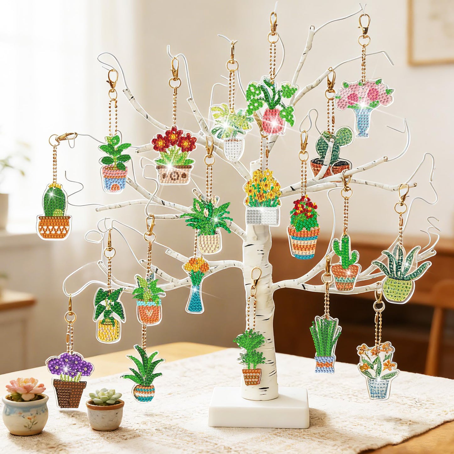 Huquary 60 Pcs Diamond Art Keychains Potted Plants Diamond Painting Keychain Kits for Adults Double Sided 5d Rhinestones Spring Hanging Key Chains Ornaments for Beginners DIY Crafts Party
