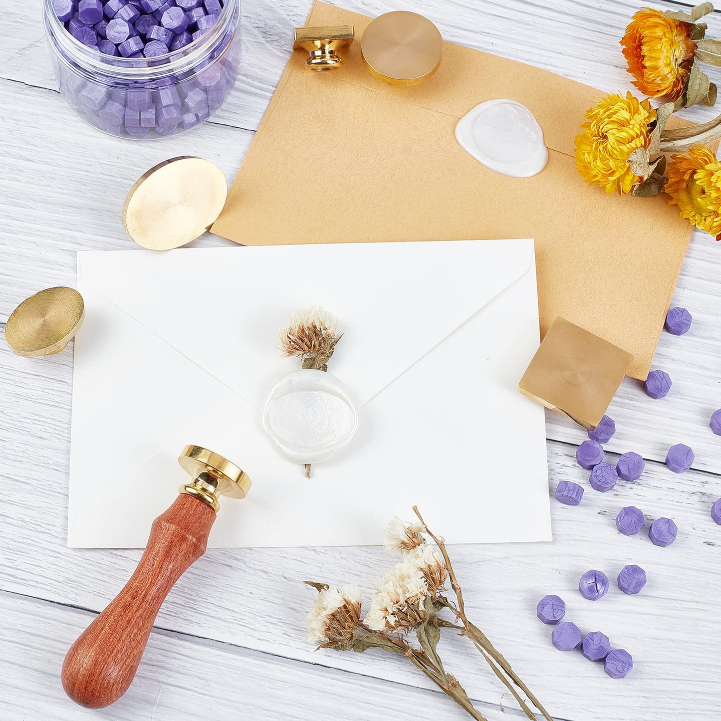 CRASPIRE Wax Seal Stamp Heads Set 6PCS Blank Sealing Wax Stamp Heads with 2PCS Wooden Handle for Wedding Invitations Envelopes Cards(2 Square 2 Round 2 Oval)