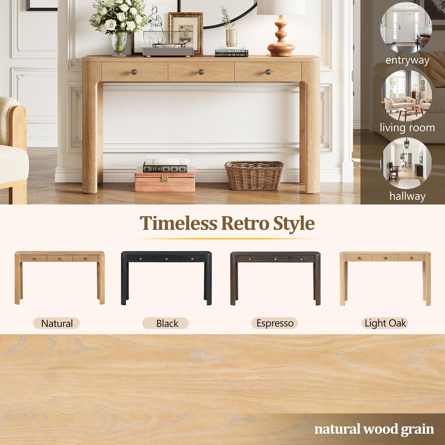 Merax 52" Console Table with 3 Drawers, Rustic Entryway Table with Curved Corners, Narrow Long Sofa Table for Living Room, Hallway, Entrance, Behind Couch, Foyer, Sturdy Thick Legs, Light Oak