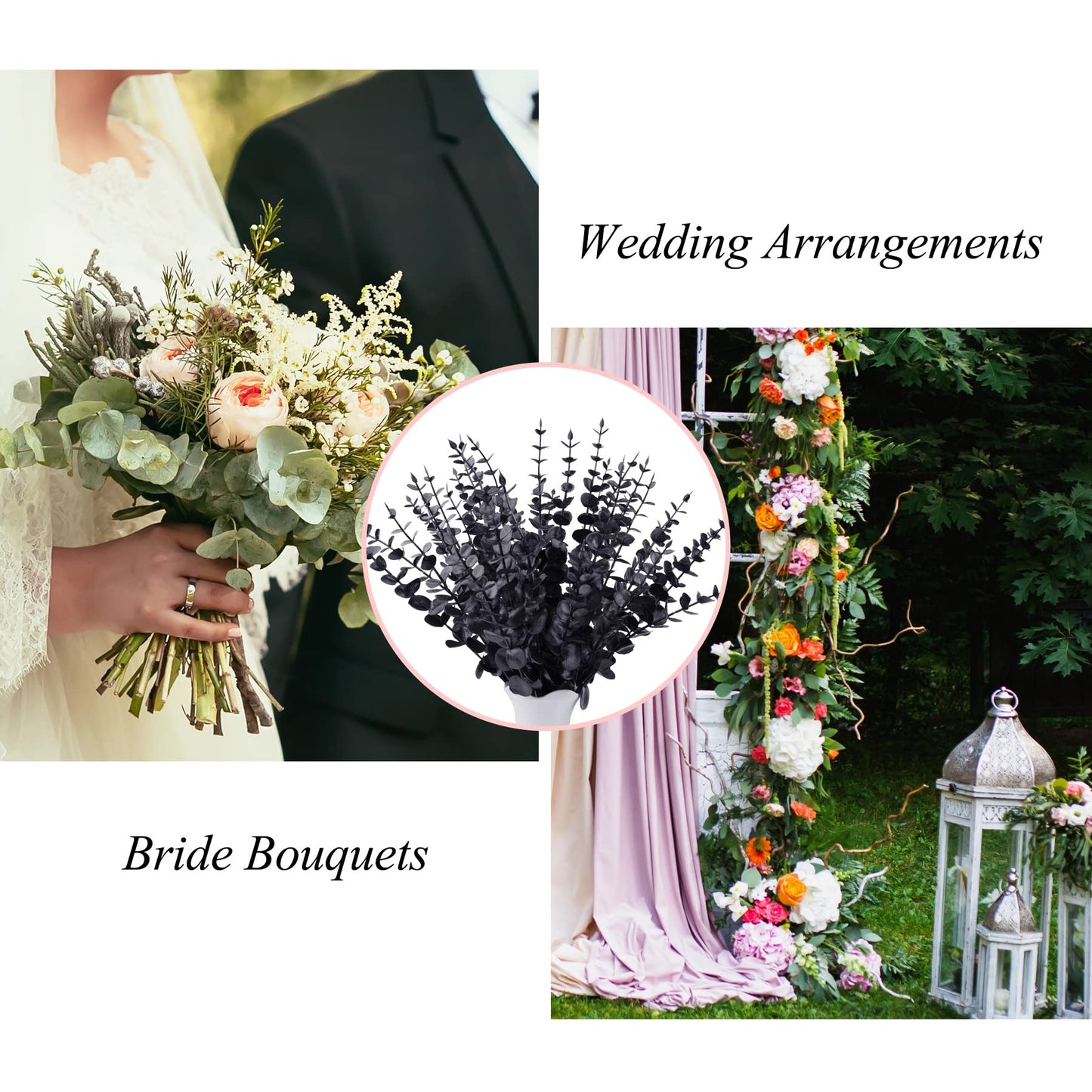 FEQO 36 Pcs Black Eucalyptus Stems Artificial Leaves Faux Eucalyptus Stems Branches 15 inch for Wedding Bouquet Home Decor