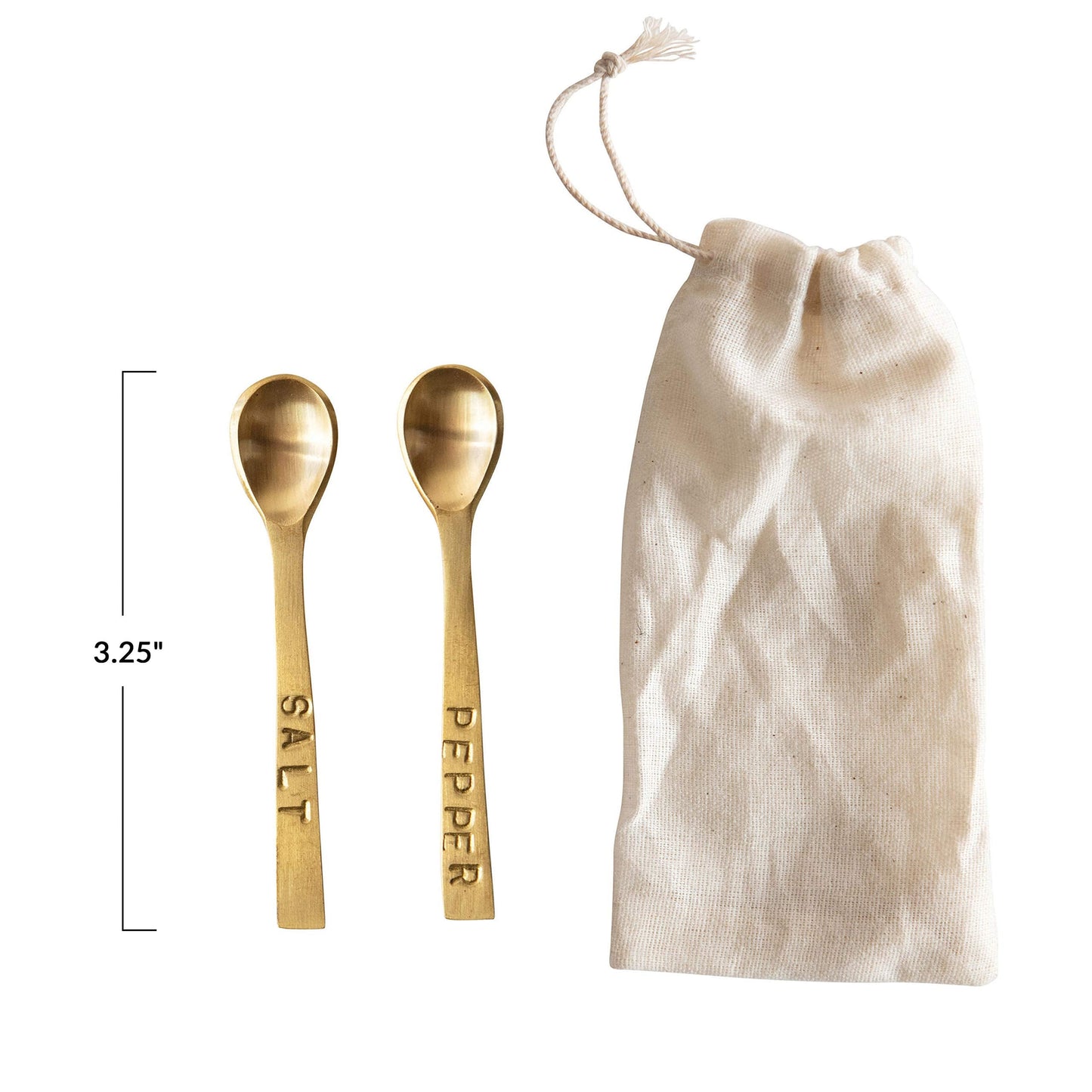 Creative Co-Op Metal "Salt" & "Pepper" Spoons in Drawstring Bag, Brass Finish, Set of 2