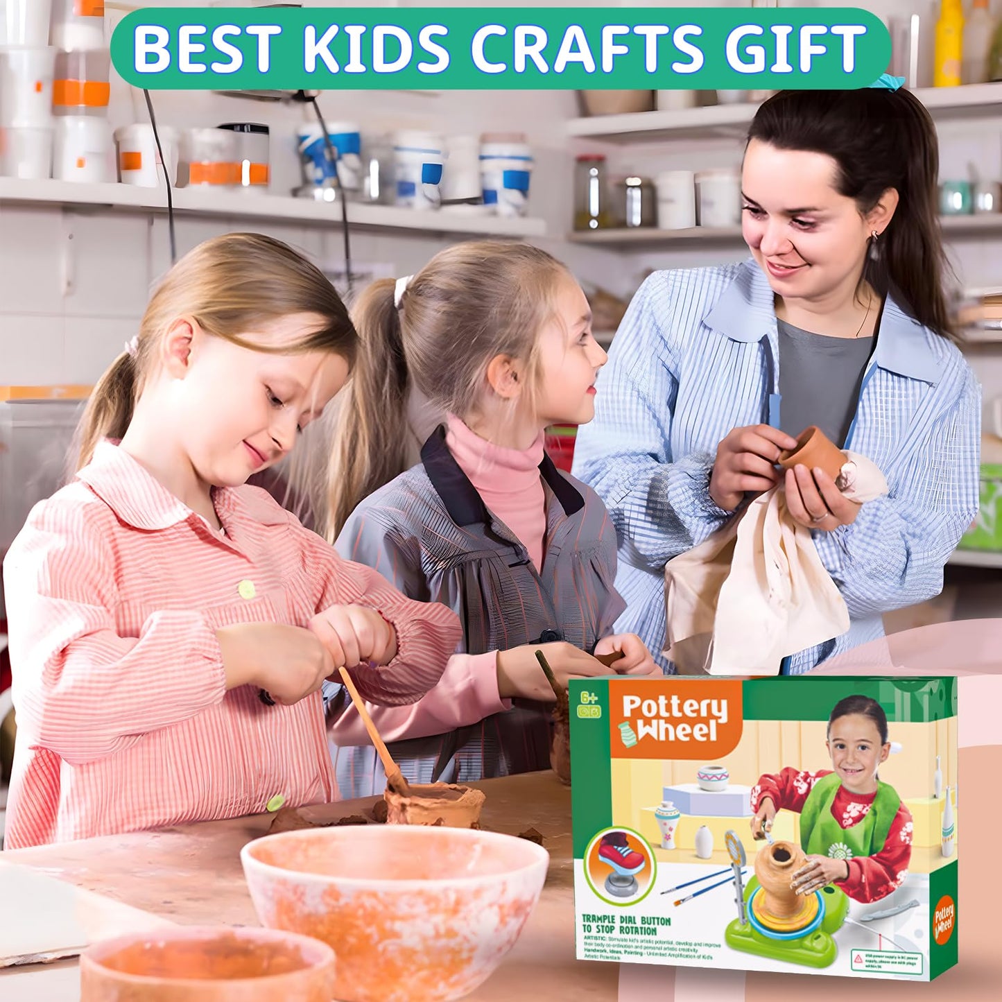 Aujazyble Pottery Wheel for Kids - Complete Pottery Painting Kit Arts and Crafts for Kids Ages 8-12 with 3 Pack Air Dry Clay Art Supplies Toys for Girls Boy Birthday Gift for 6 7 8 9 10 11 12+