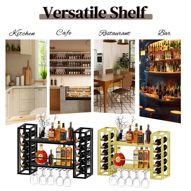FLRH Metal Wall Mounted Wine Rack, Hanging Floating Bottle Holder with Glass Rack, Wall Display Storage Shelf for Home Bar, Dining Room, Kitchen, Gold