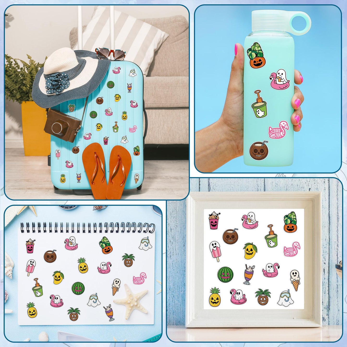 Eartim Summer Spooky Roll Sticker - 1000 Pcs Cartoon Fruit Pumpkin Ghost Sticker Rolls Waterproof Self-Adhesive Decorative Decal Halloween in Summer Party Decoration Kid Birthday Favor Student Reward