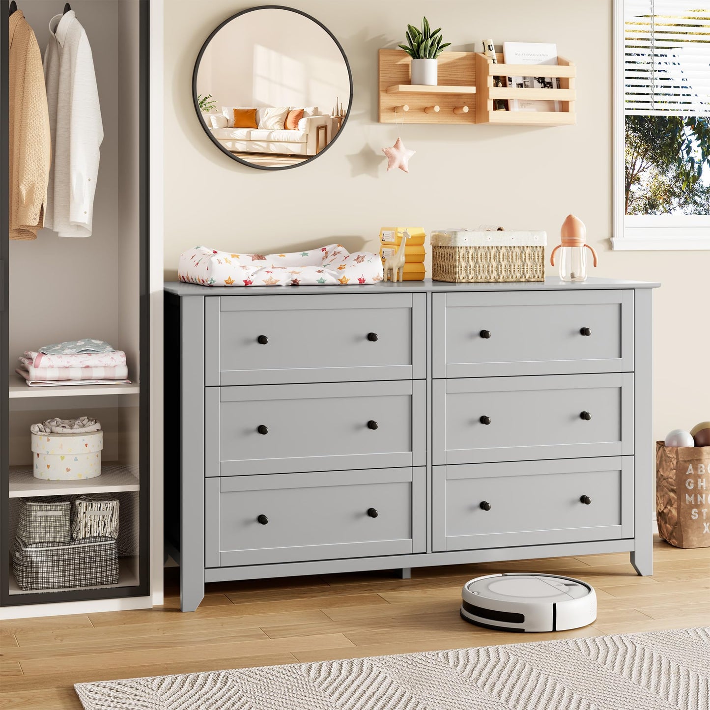 IDEALHOUSE Grey 6 Drawer Dresser for Bedroom, 54" Wide Large Dresser with Deep Drawers & Metal Knobs, Modern Wooden Chests of Drawers for Entryway, Hallway