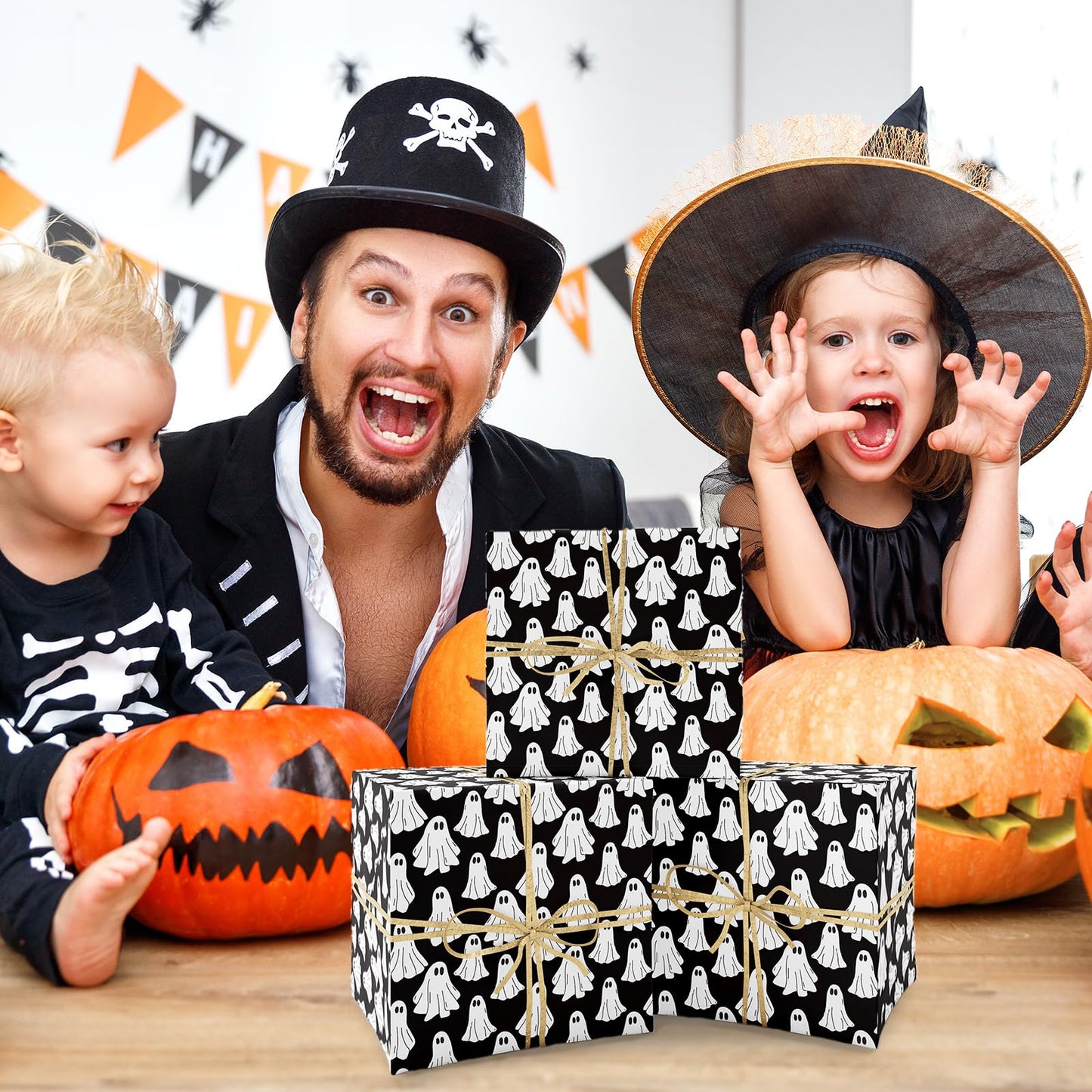 Whaline Halloween Wrapping Paper -Mini Roll- 17 In x 32.8 Ft Groovy Black White Ghost Gift Wrap Paper for Baby Shower Birthday Halloween Wrapping Supplies