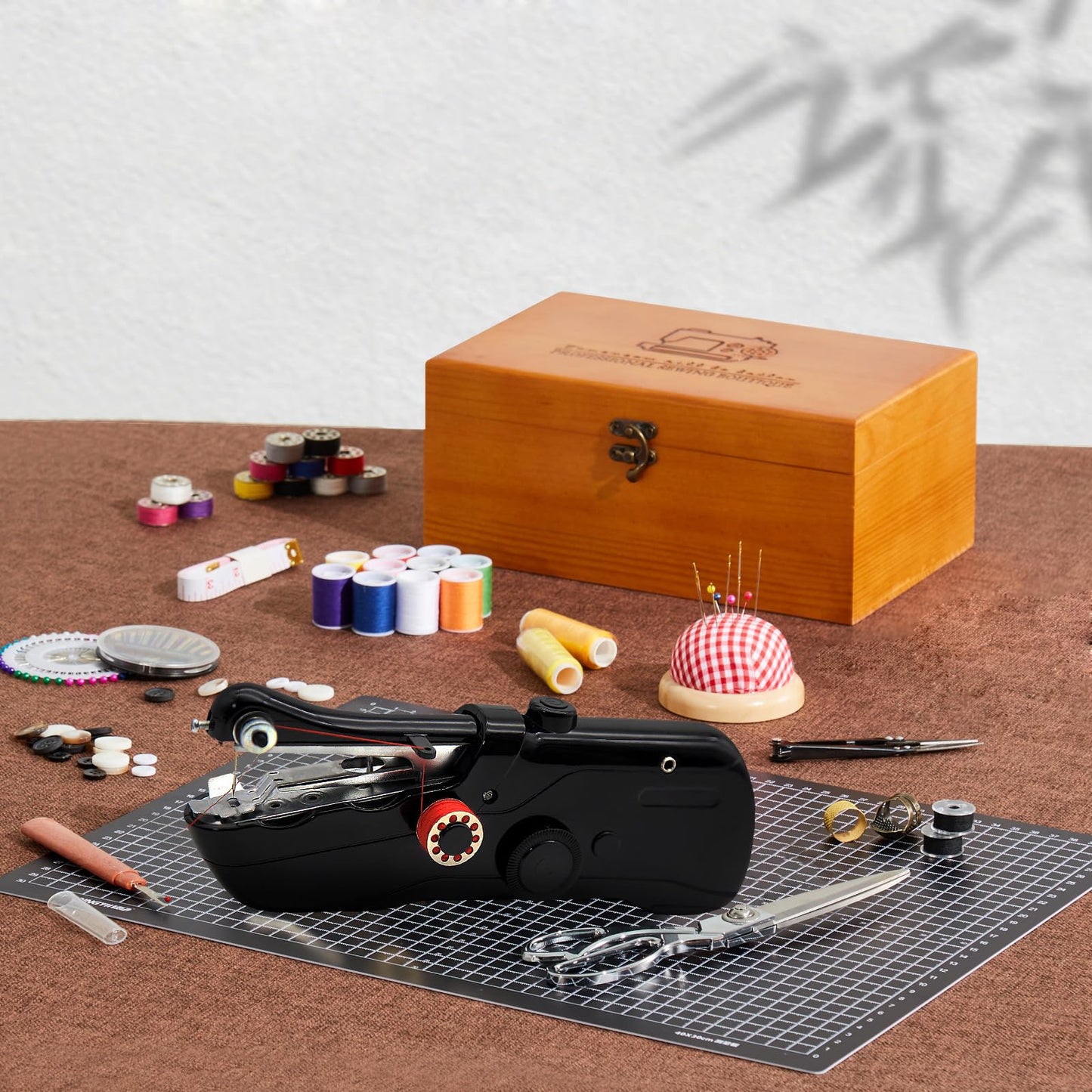 Handheld Sewing Machine with Exquisite Wooden Storage Box & 142-Piece Sewing Kit - Electric Switch, Dual Power Supply, Assorted Needles, Threads, Heavy Duty Scissors - Meets All Household Sewing Needs