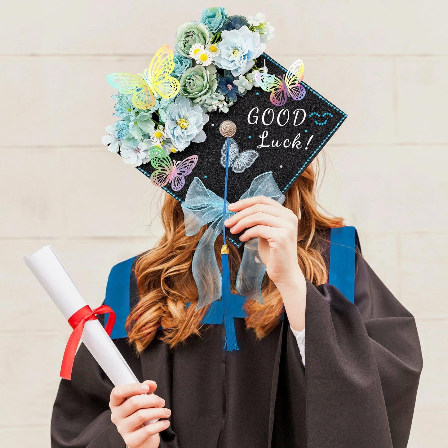 HCKLM Graduation Cap Decorations Kit - Assorted Flowers 3D Butterfly Stickers Glitter Rhinestones Alphabet Letter Number Stickers for DIY Grad Cap Topper 2026 Graduation Party Supplies (Blue)