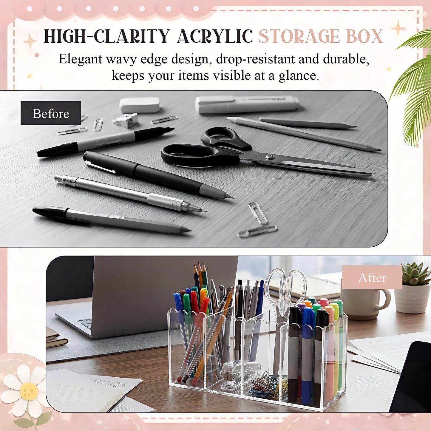 Tosstuki Scalloped Acrylic Pencil Holder for Desk, Clear Pen Organizer with 4 Compartments, Marker Makeup Brush Holder Remote Caddy for Home, Office, Bathroom, Classroom, Table