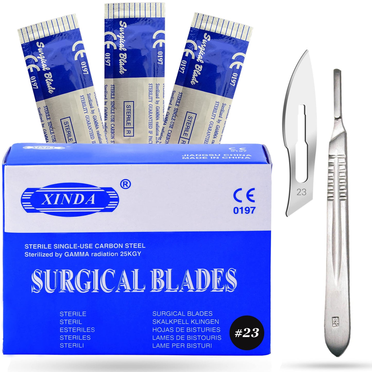 VISION TEK MED Pack of 100 Blades #23, Scalpel Blades for Knife Scalpel, High Carbon Steel Dermablade Blades. Individually Wrapped, Sterile + Free 1 Handle #4