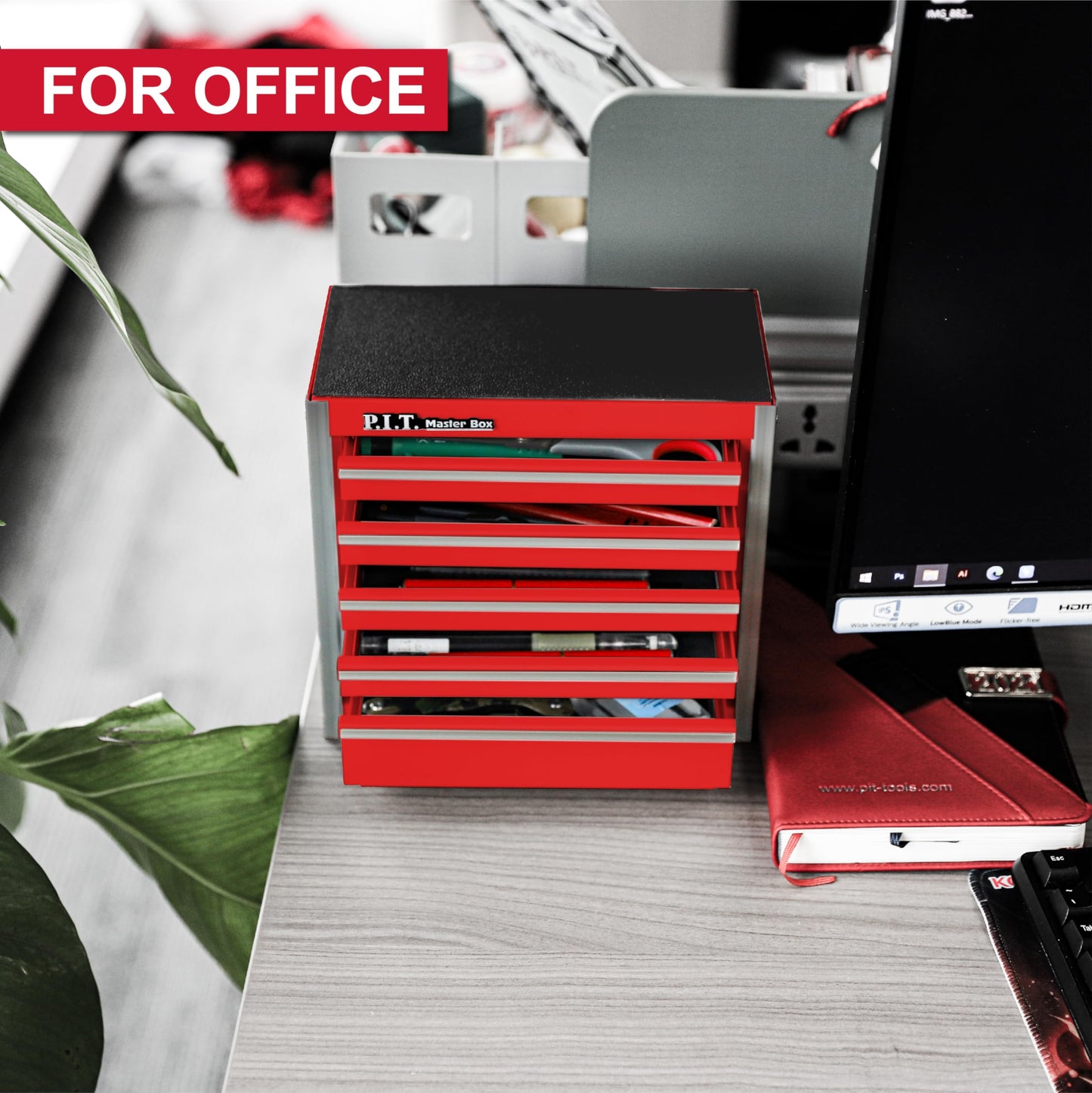P.I.T. Mini Tool Box 8.6"W X 4.6"D, Portable 5-Drawer Micro Steel Stackable Toolbox with Liner, Red Cute Tool Case for Small Tools Parts Storage, Home DIY