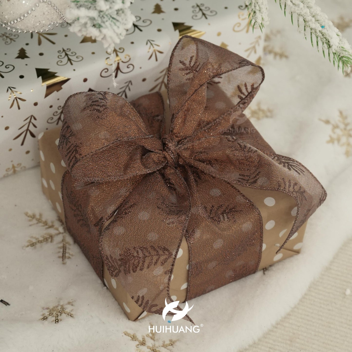 HUIHUANG Brown Wired Ribbon for Christmas Tree Pine Cone Ribbon Wired Brown Glitter Christmas Ribbons for Bows, Wreaths, Garland, Wrapping Crafts, Fall Decorations (2.5" x 6 Rolls, 36 Yds Total)