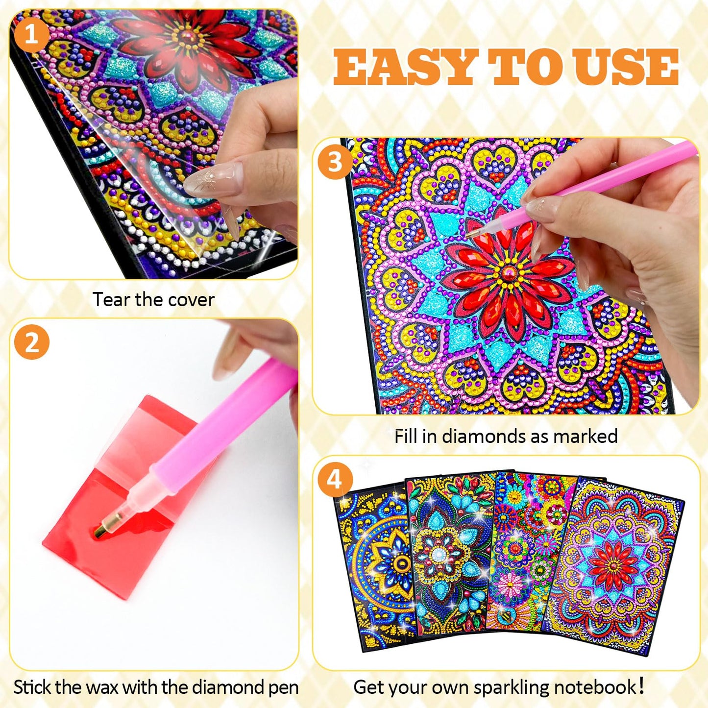LINGFANG 4 Pack Diamond Art Kits for Adults Teens, Diamond Painting Journals Notebooks, DIY 5D Gem Dots Art Crafts for Adults, Teenagers' Birthday, Graduation, Christmas Gifts with Tools (Season Tree)