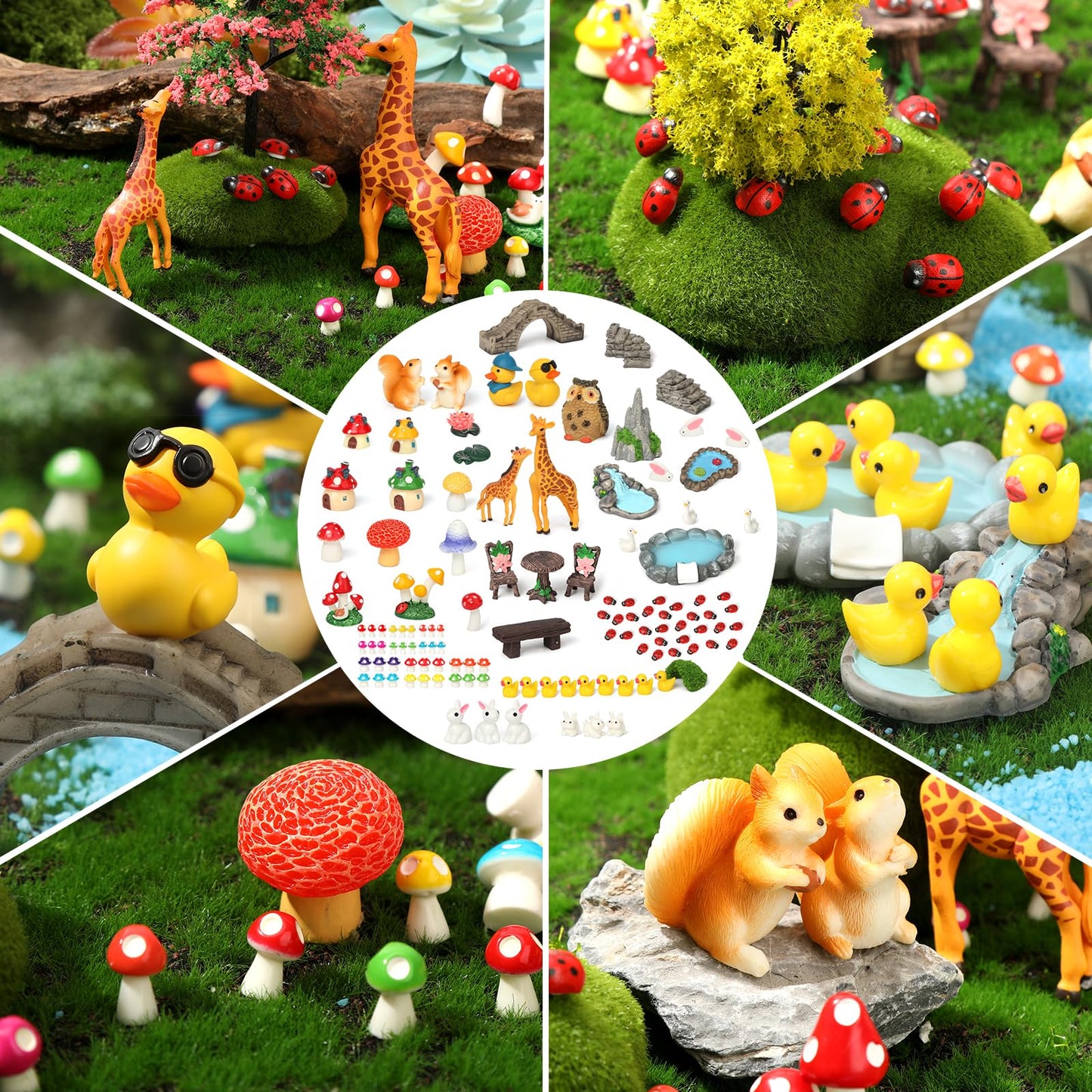 84 Pcs Fairy Garden Accessories Mini Garden Accessories Mini Resin Animals Mushroom Squirrel Duck Rabbit Bridge Pond Owl Micro Landscape Ornaments Kit for DIY Garden Dollhouse Terrarium Succulent